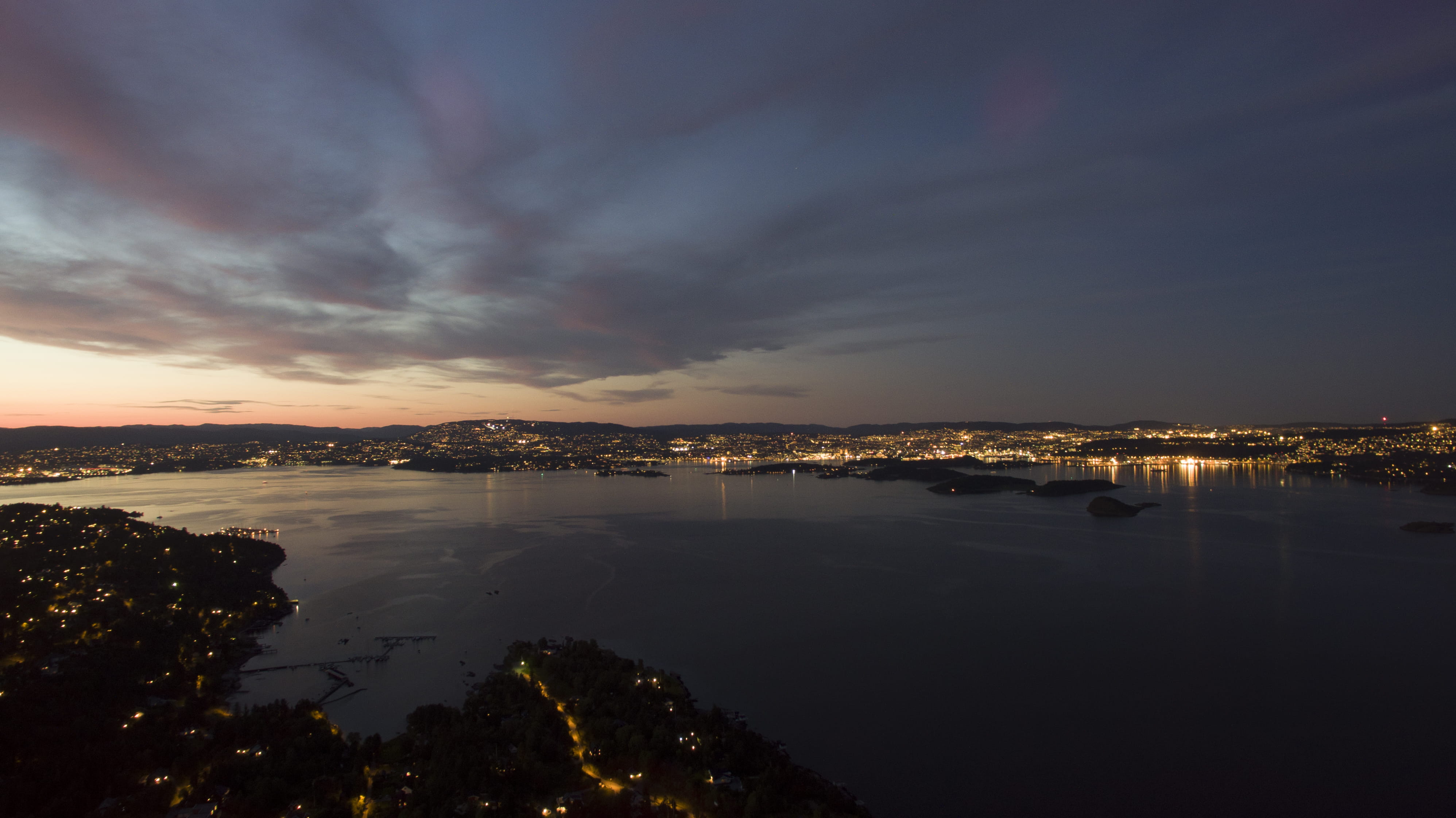 oslo, architecture, nature, sky, reflection, cityscape, sunset, scenics - nature, built structure, norway, tranquil scene, lights, nesoddtangen, beauty in nature, HD Wallpaper