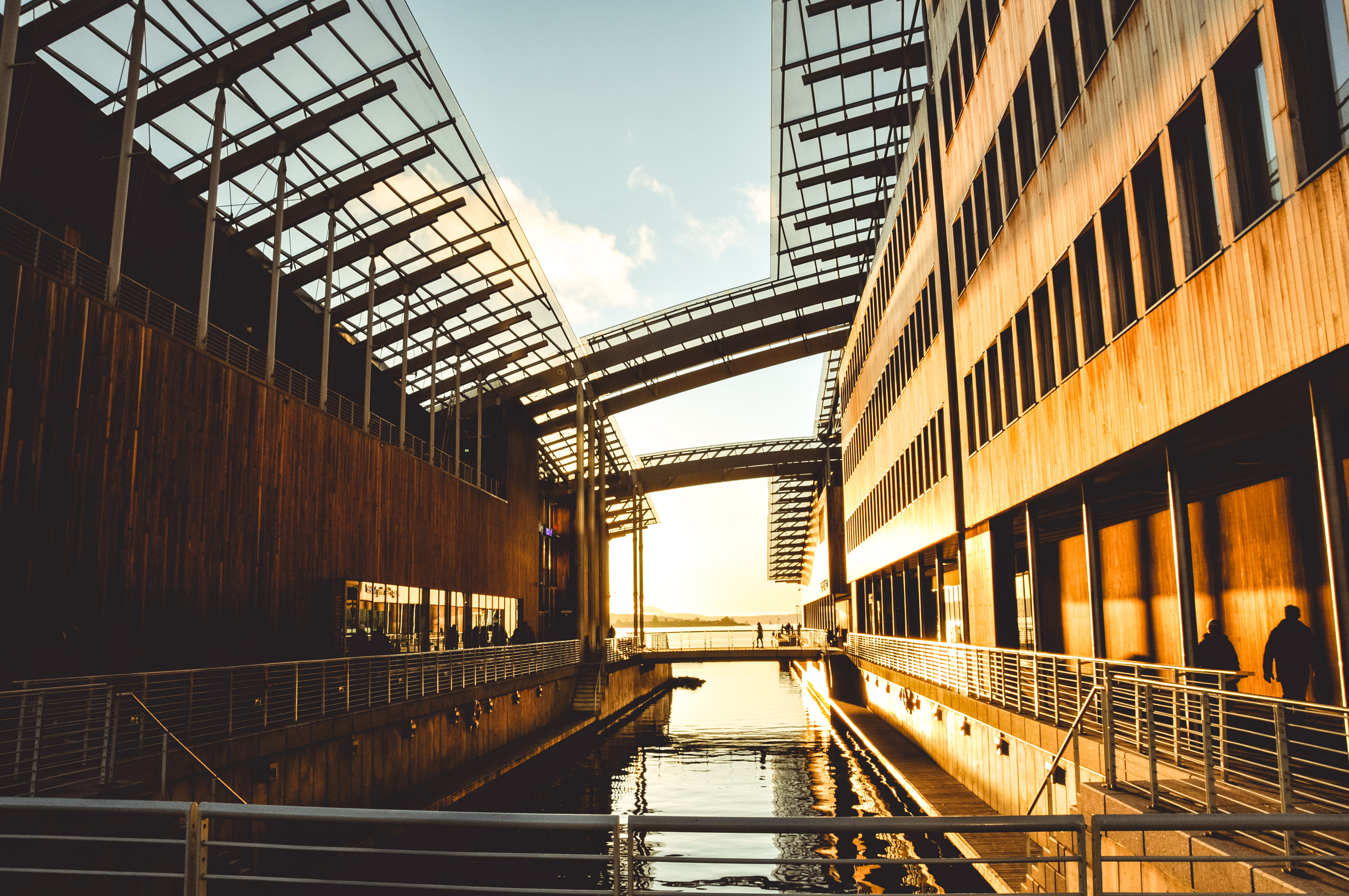 canal, museum, connection, aker brygge, coast, fjord, day, nautical vessel, bridge, sea, 4K, building, mode of transportation, no people, outdoors, astrup fearnley, HD Wallpaper