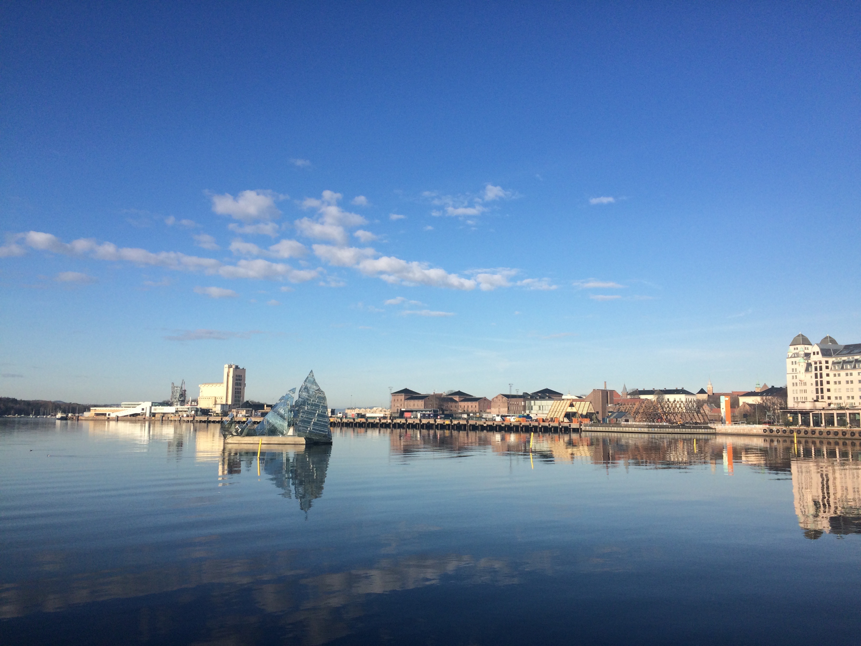 architecture, transportation, 2K, built structure, day, building, water, sky, oslo, blue, from oslo opera, outdoors, city, reflection, river, norway, nature, HD Wallpaper