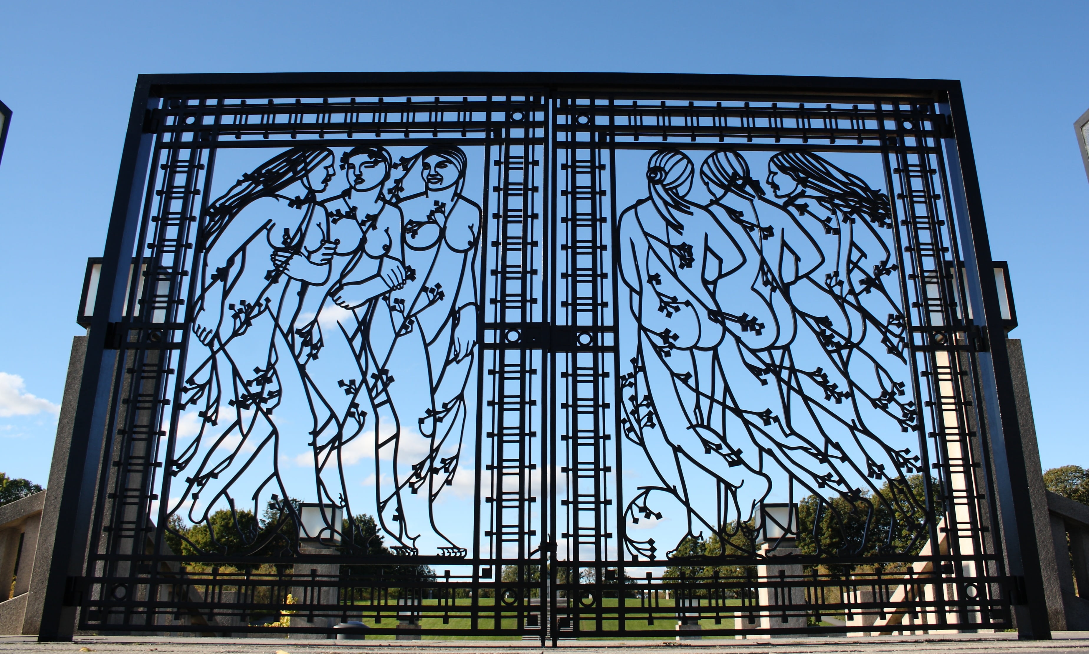 sky, vigeland park, entrance, building, gate, clear sky, norway, oslo, blue, silhouette, outdoors, low angle view, window, wrought iron, sculpture, pattern, HD Wallpaper