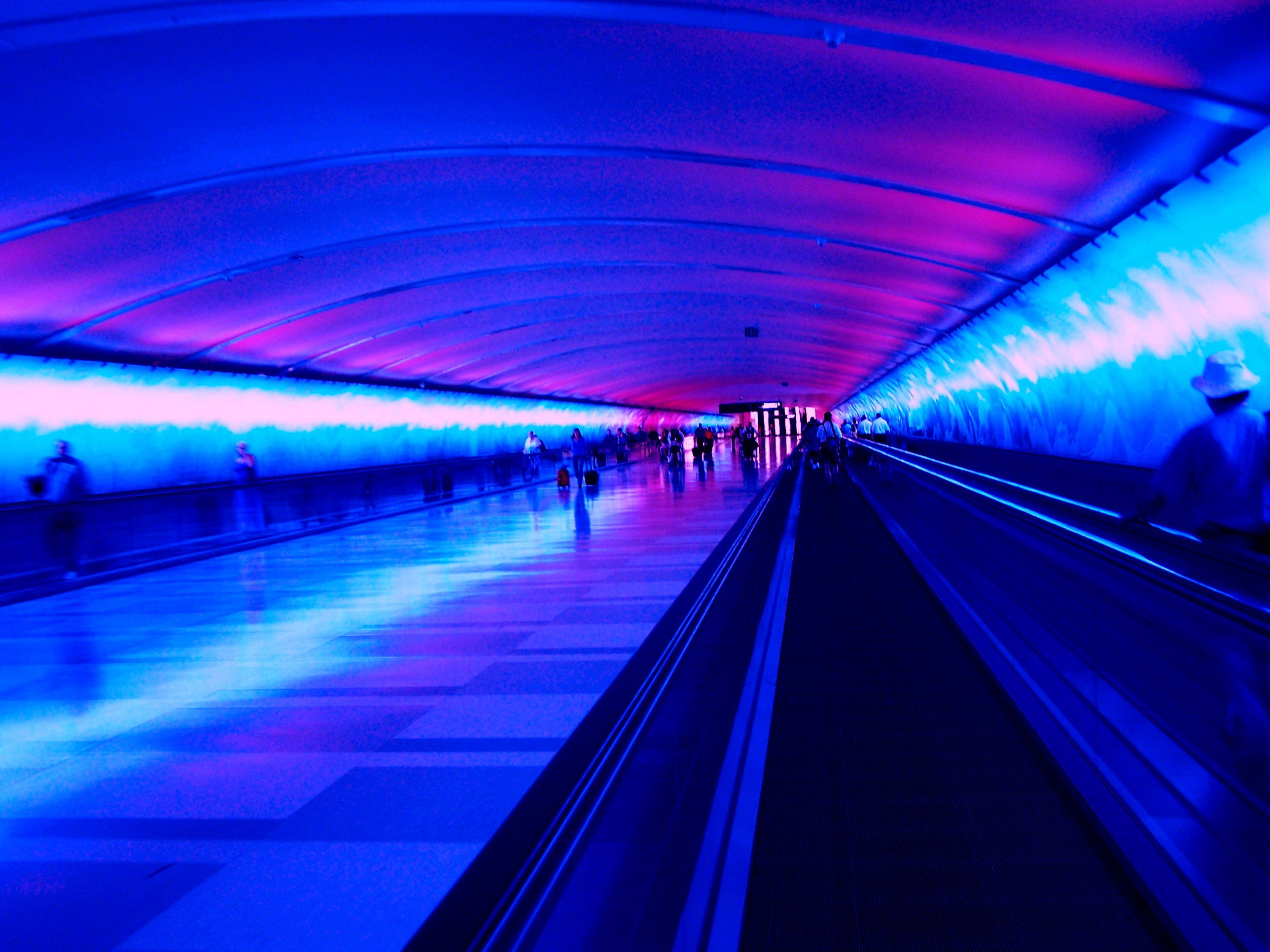 real people, men, airport, motion, travel, illuminated, subway, transportation, indoors, blue, group of people, moving walkway, incidental people, public transportation, HD Wallpaper