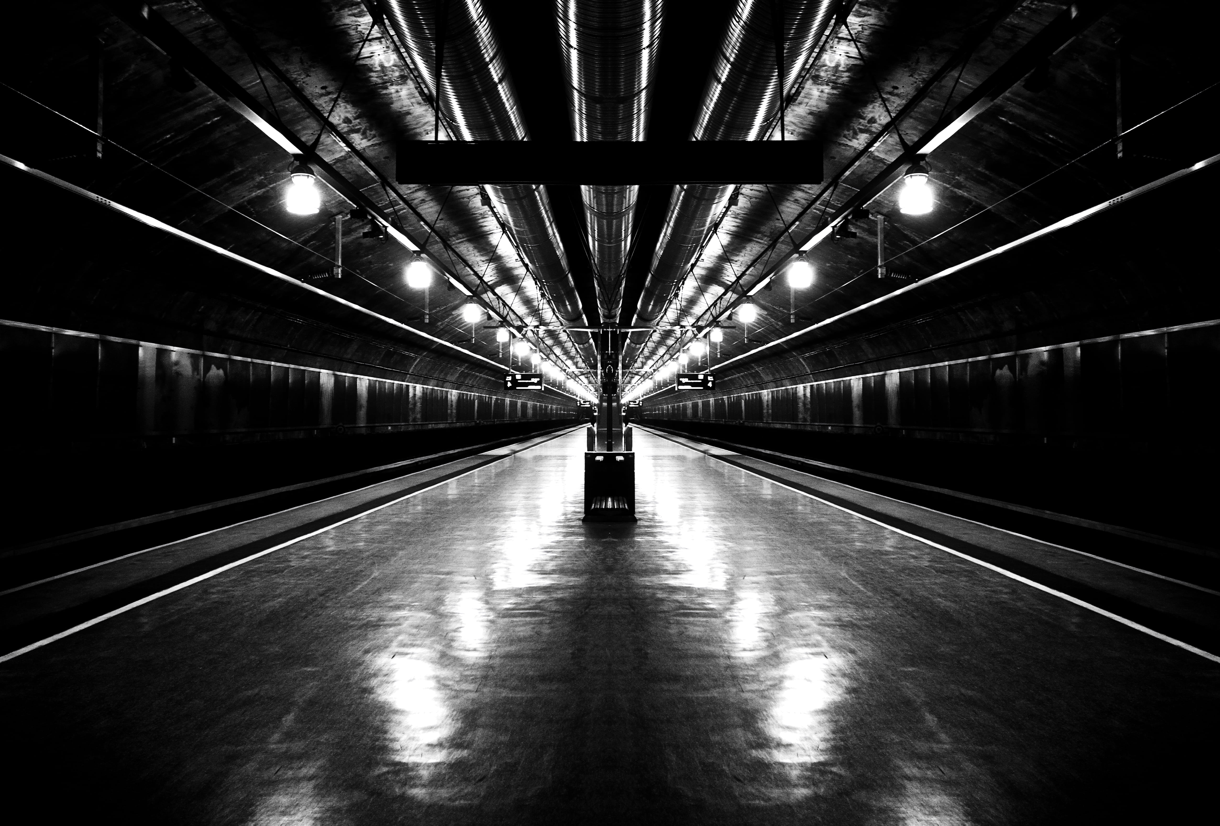transportation, station, underground, moving walkway, tunnel, no people, architecture, scandinavia, illuminated, subway, train, symmetry, tube, nationaltheatret stasjon, HD Wallpaper