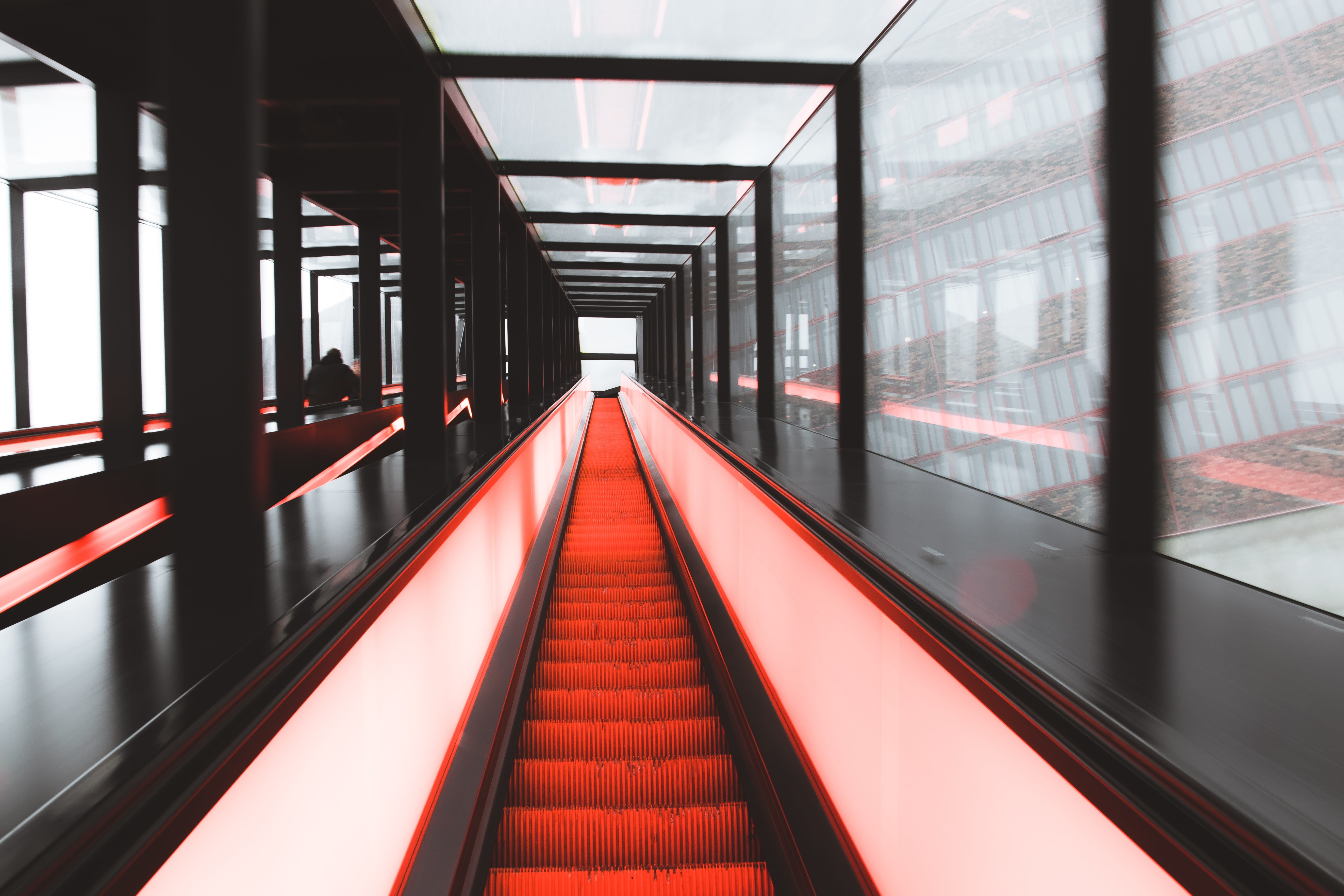 empty, going up, light, built structure, red, windows, motion perspective, futuristic, glass window, ceiling, indoors, architecture, the way forward, 5K, HD Wallpaper