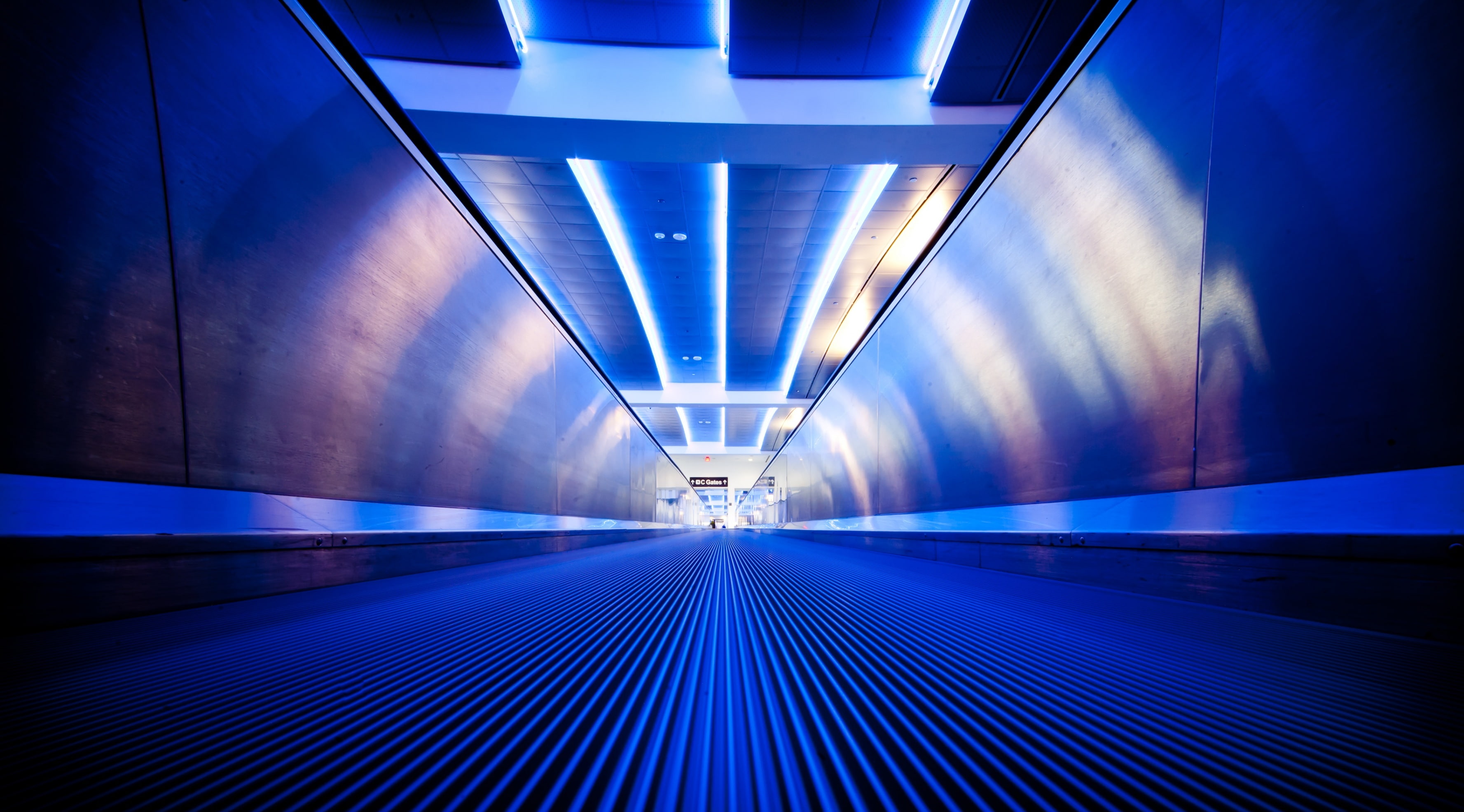 ceiling, tunnel, lighting equipment, moving walkway, light, indoors, blue, no people, 2K, money, direction, illuminated, abstract, lotta, transportation, HD Wallpaper