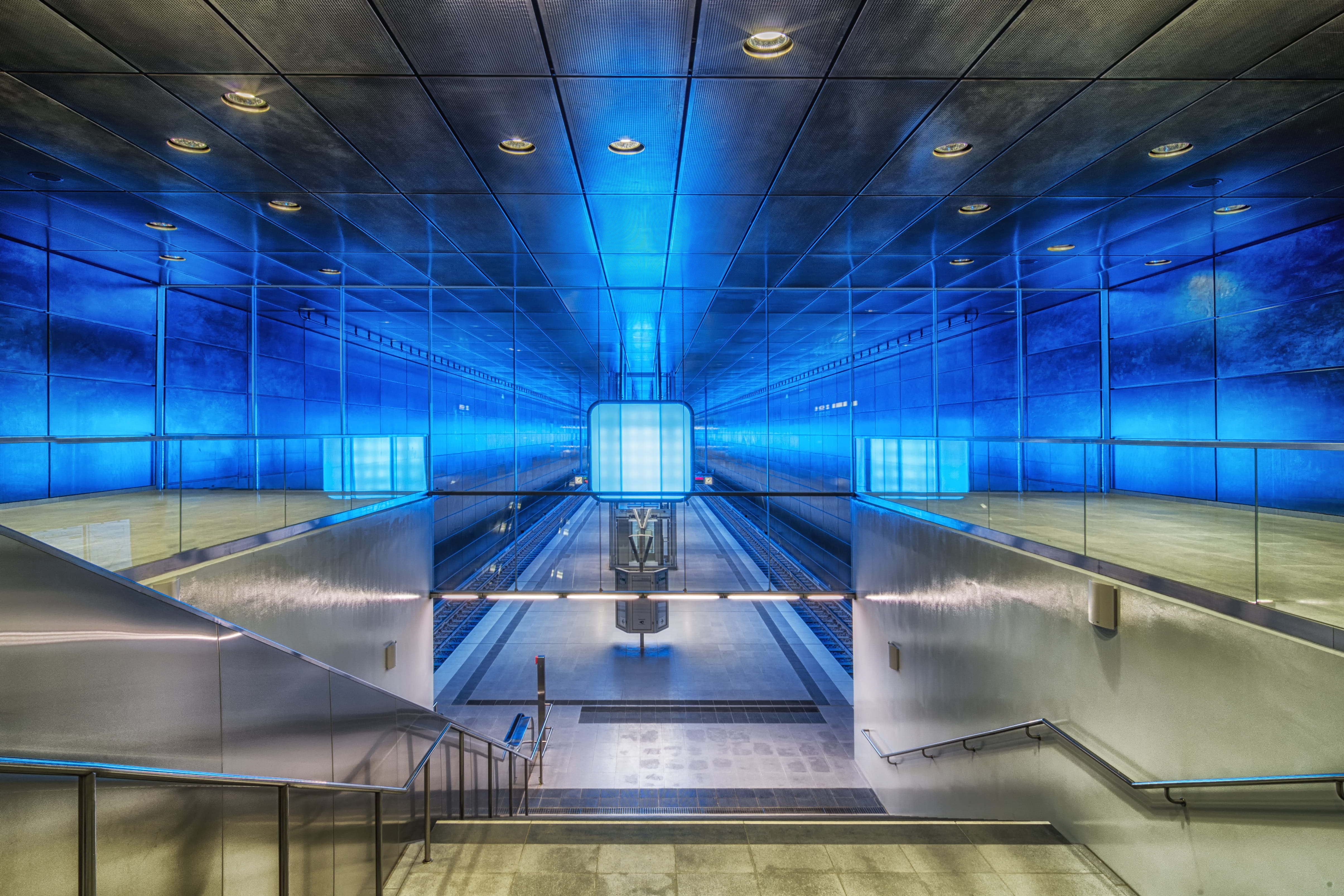 university, illuminated, station, hochbahn, absence, escalator, stair, technology, concrete, line u4, the way forward, u4, indoors, no people, harbour city, HD Wallpaper
