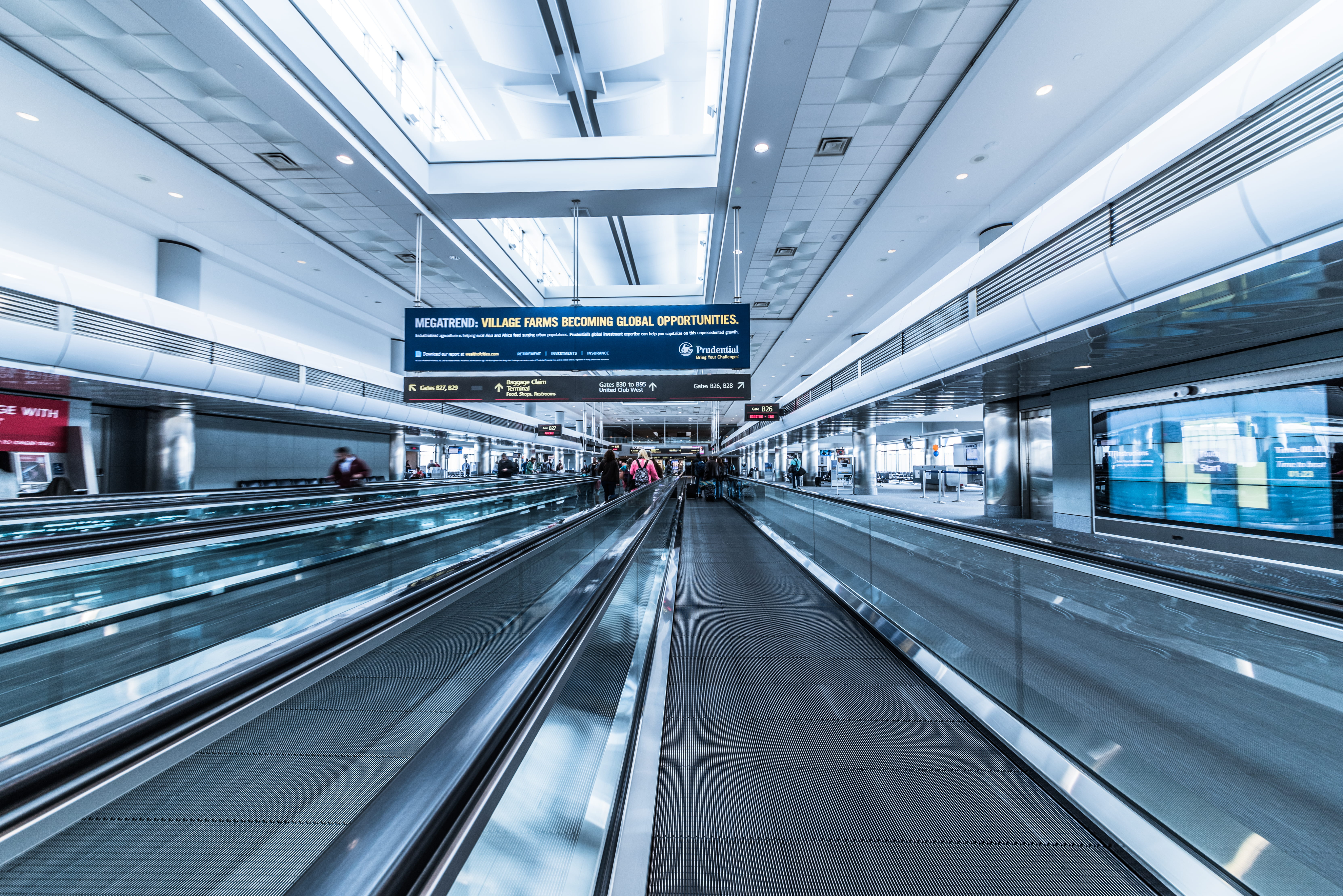 incidental people, airport, indoor, inside, motion, standing, architecture, airport departure area, ceiling, modern, walkalator, sign, 5K, illuminated, HD Wallpaper