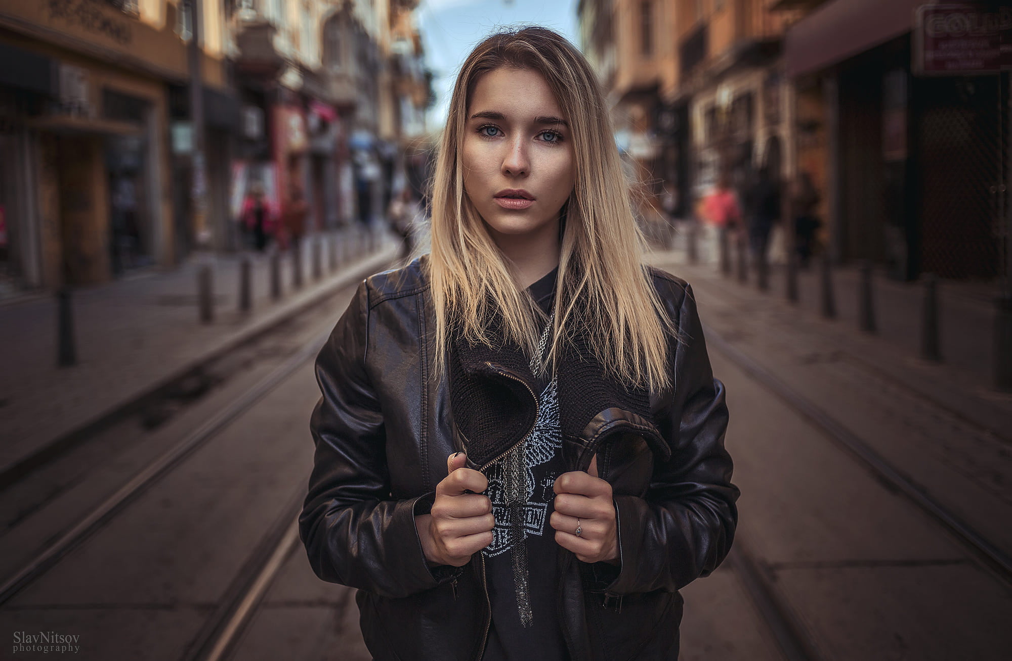 young women, lifestyles, focus on foreground, long hair, beautiful woman, architecture, standing, tanned, blonde, depth of field, women, leather, blue eyes, HD Wallpaper