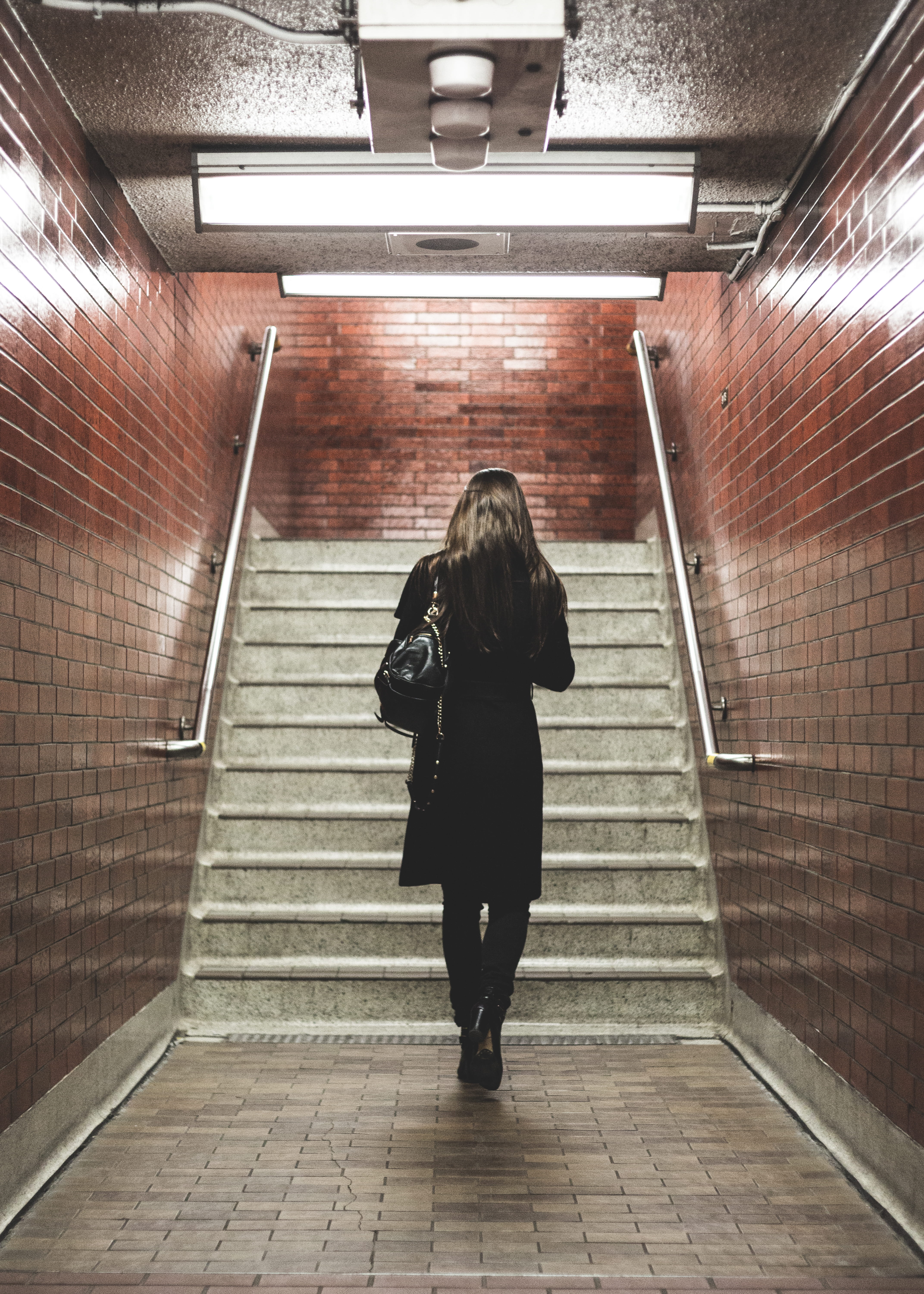 one person, staircase, near, brown, women, flooring, walking away, steps and staircases, rear view, 5K, walking, lifestyles, real people, technology, ceramic, Phone HD Wallpaper