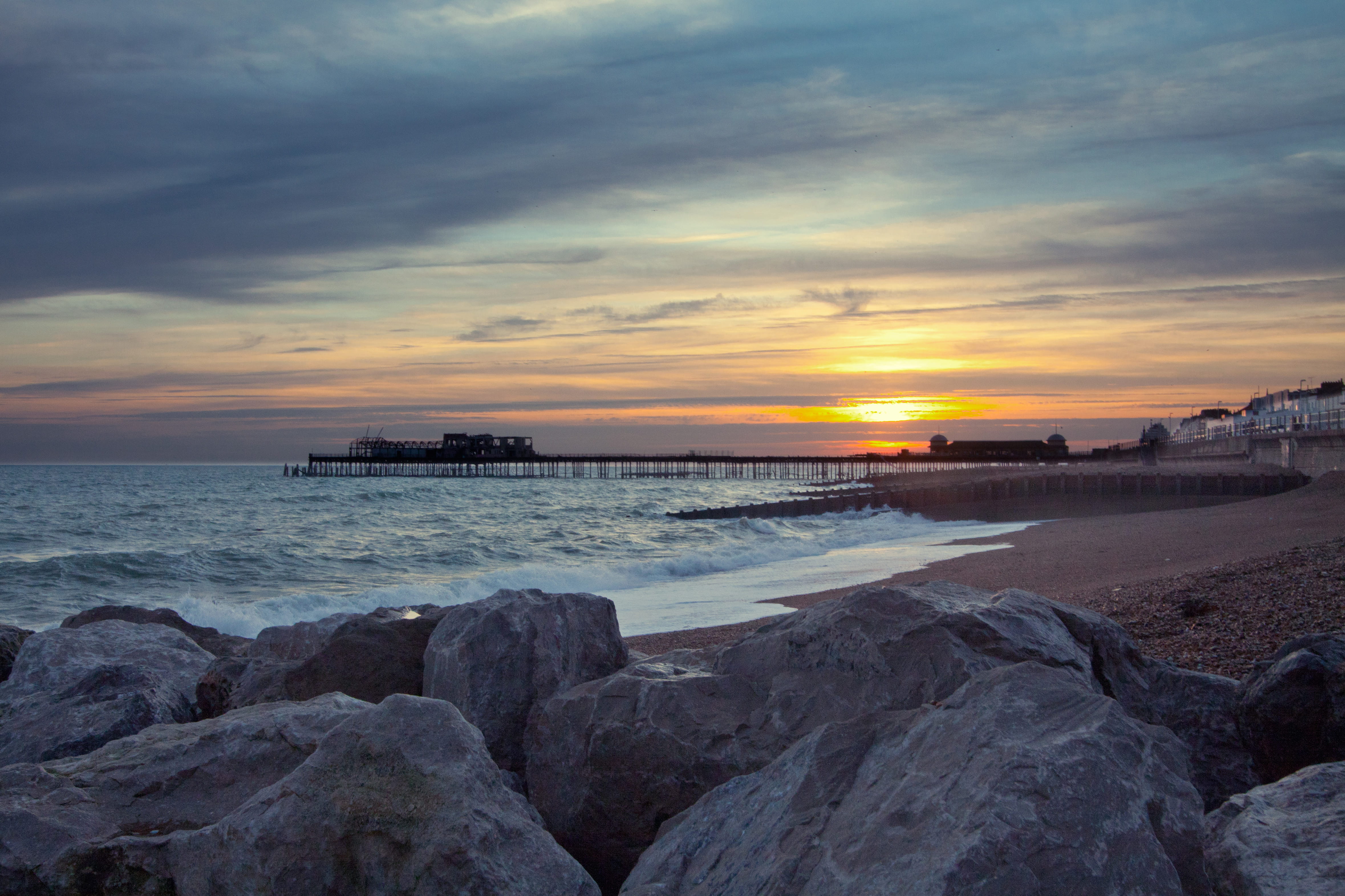 scenics - nature, Wide angle, 4K, motion, no people, shot, outdoors, dusk, landscape, nature, England, sky, sussex, wave, pier, beauty in nature, scenics, HD Wallpaper