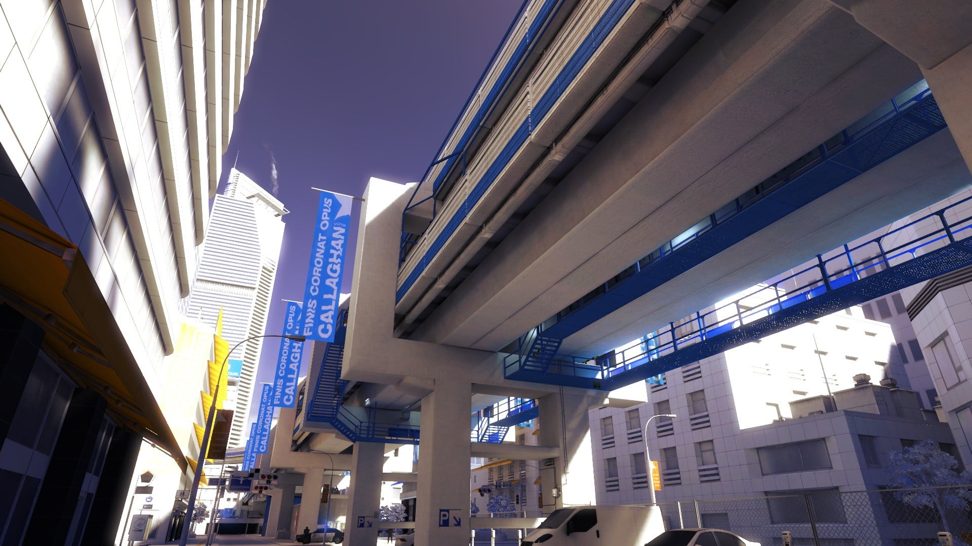 nature, outdoors, day, sky, city, skyscraper, low angle view, sunlight, Mirrors Edge, concrete, building exterior, video games, architectural column, sign, HD Wallpaper