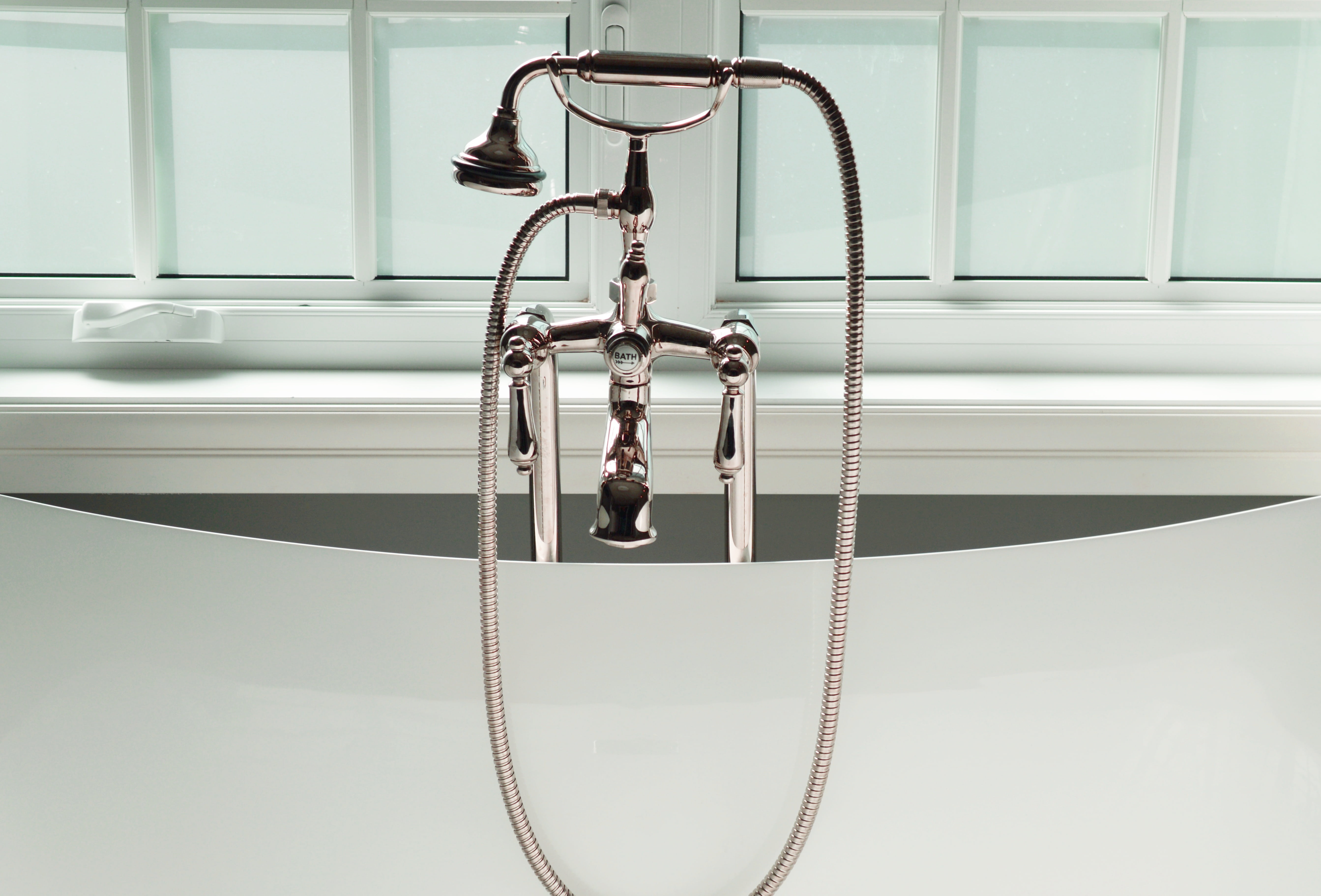 telephone, bathing, washing, tub, wall - building feature, reflection, handle, hanging, shape, taps, bathroom, design, shower, no people, window, safety, HD Wallpaper