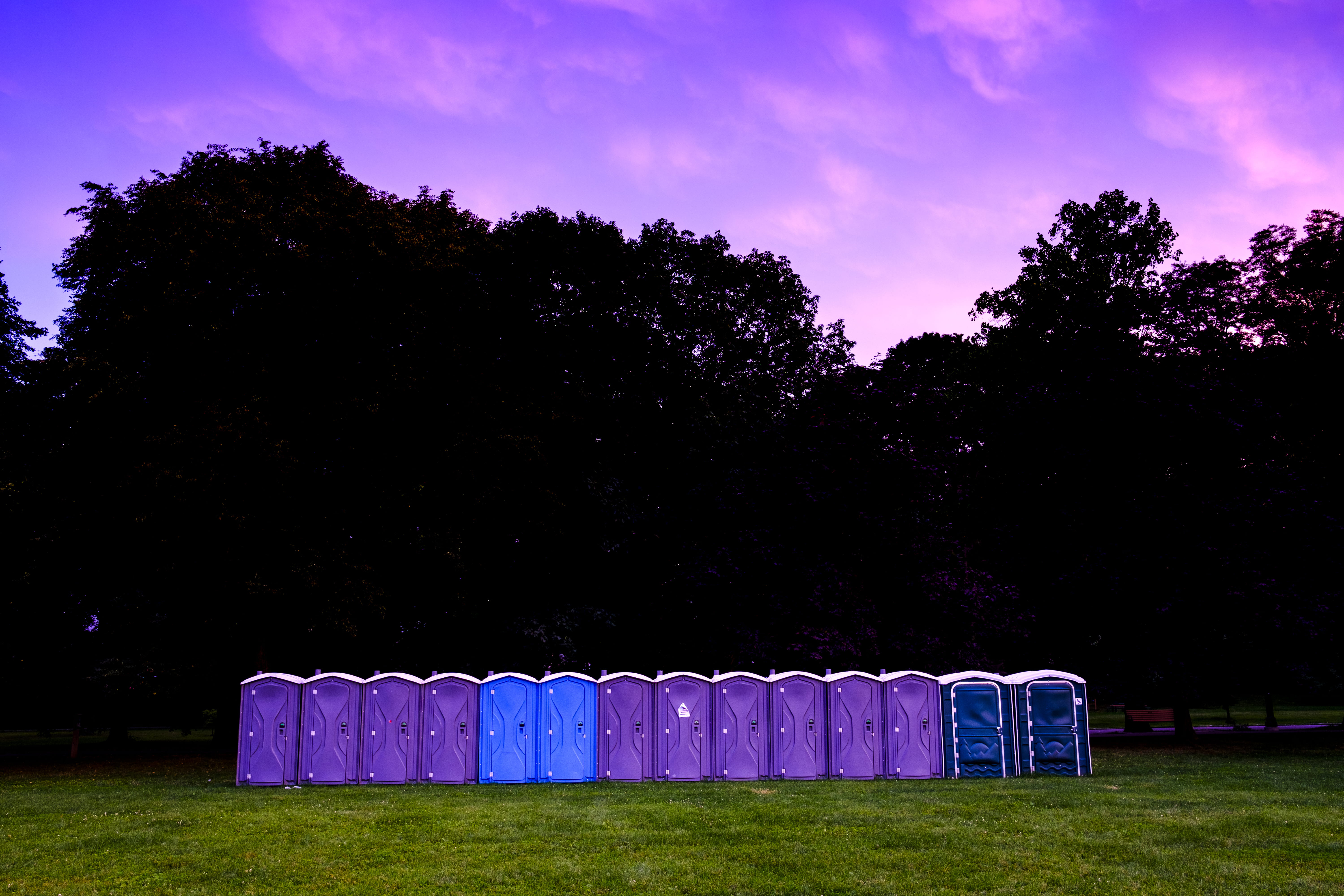 in a row, public washroom, outdoors, boxes, beauty in nature, green color, tranquility, purple, blue, growth, silhouette, photography, behind, trees, plant, HD Wallpaper