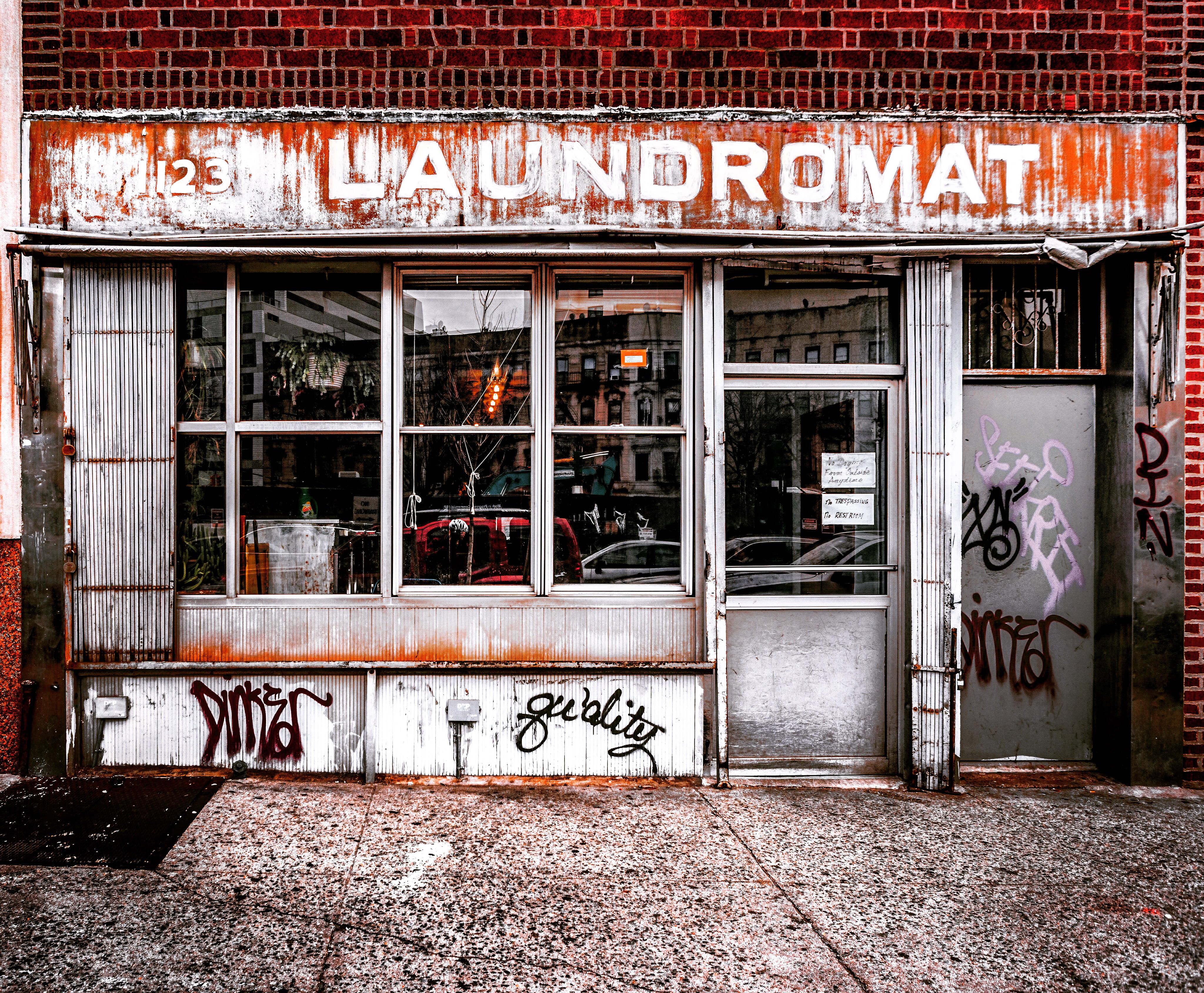 outdoors, no people, architecture, text, new york, flatbush, city, door, sign, art and craft, united states, store, building, laundromat, flatbush - ditmas park, HD Wallpaper