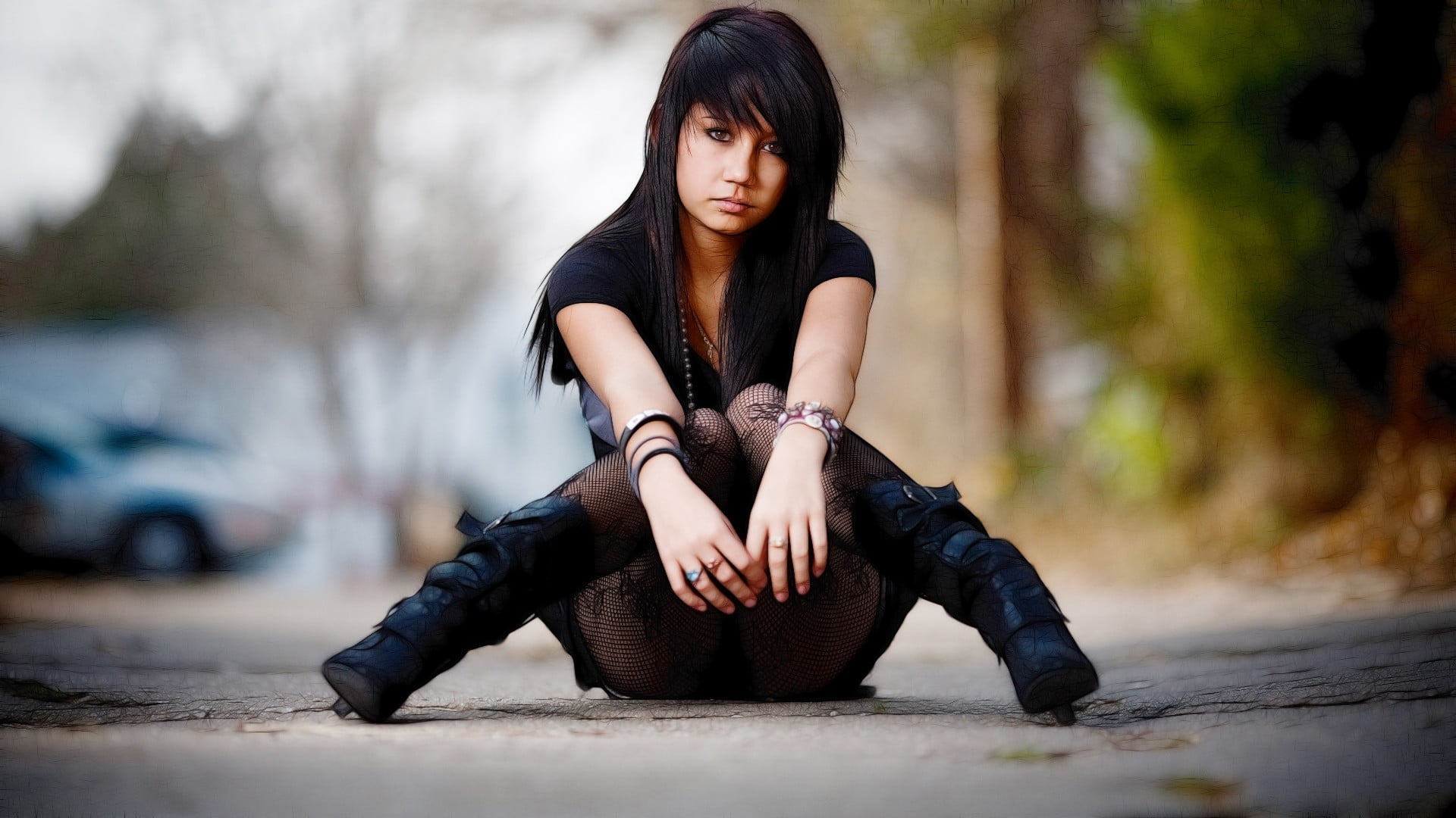 real people, sitting, t, hairstyle, casual clothing, bokeh, depth of field, long hair, s, beauty, one person, rings, black hair, adolescence, women, full length, HD Wallpaper