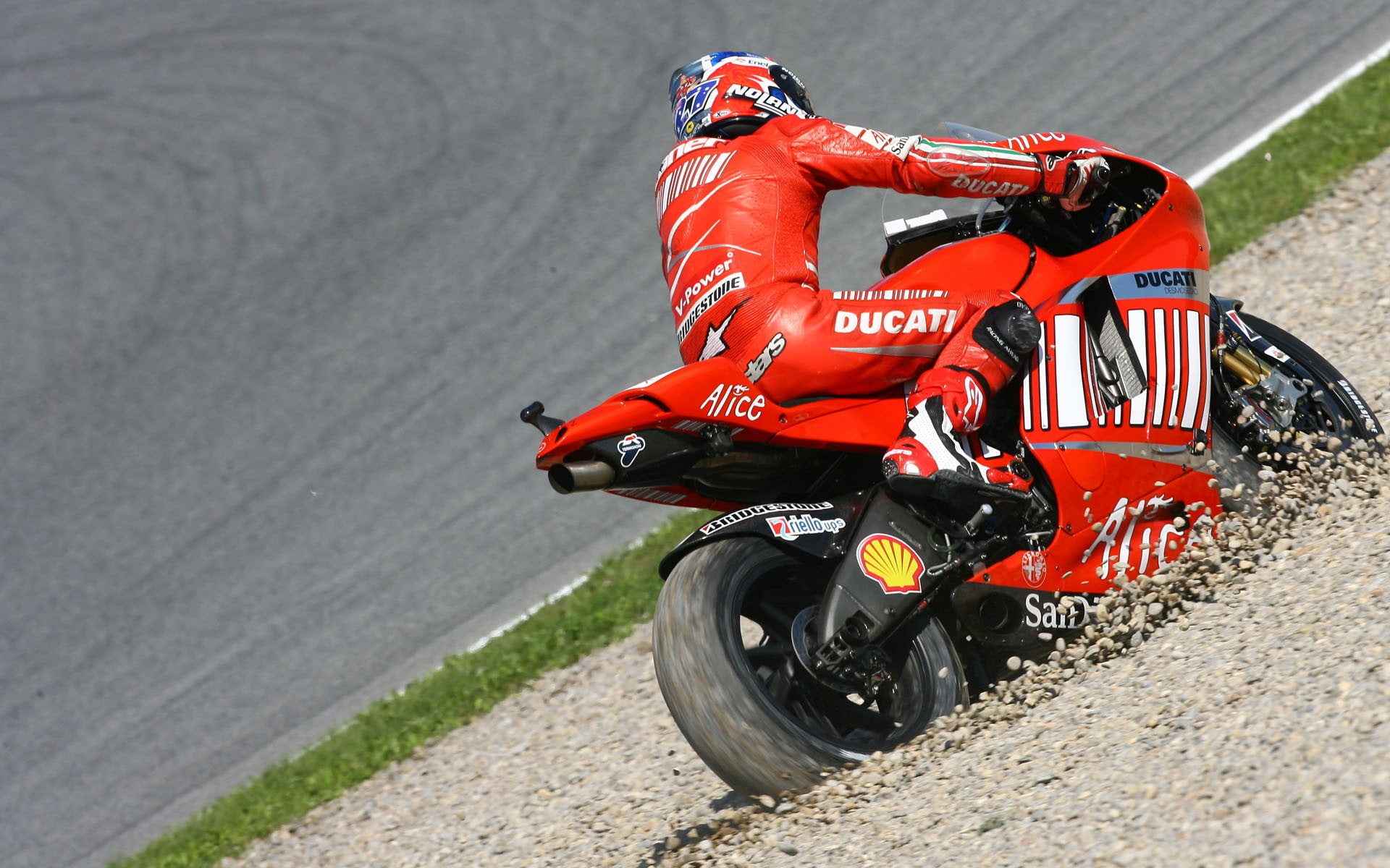 Casey Stoner, road, safety, Moto GP, riding, 1080P, sport, crash helmet, headwear, biker, red, land vehicle, speed, extreme sports, tire, racing, Ducati, HD Wallpaper