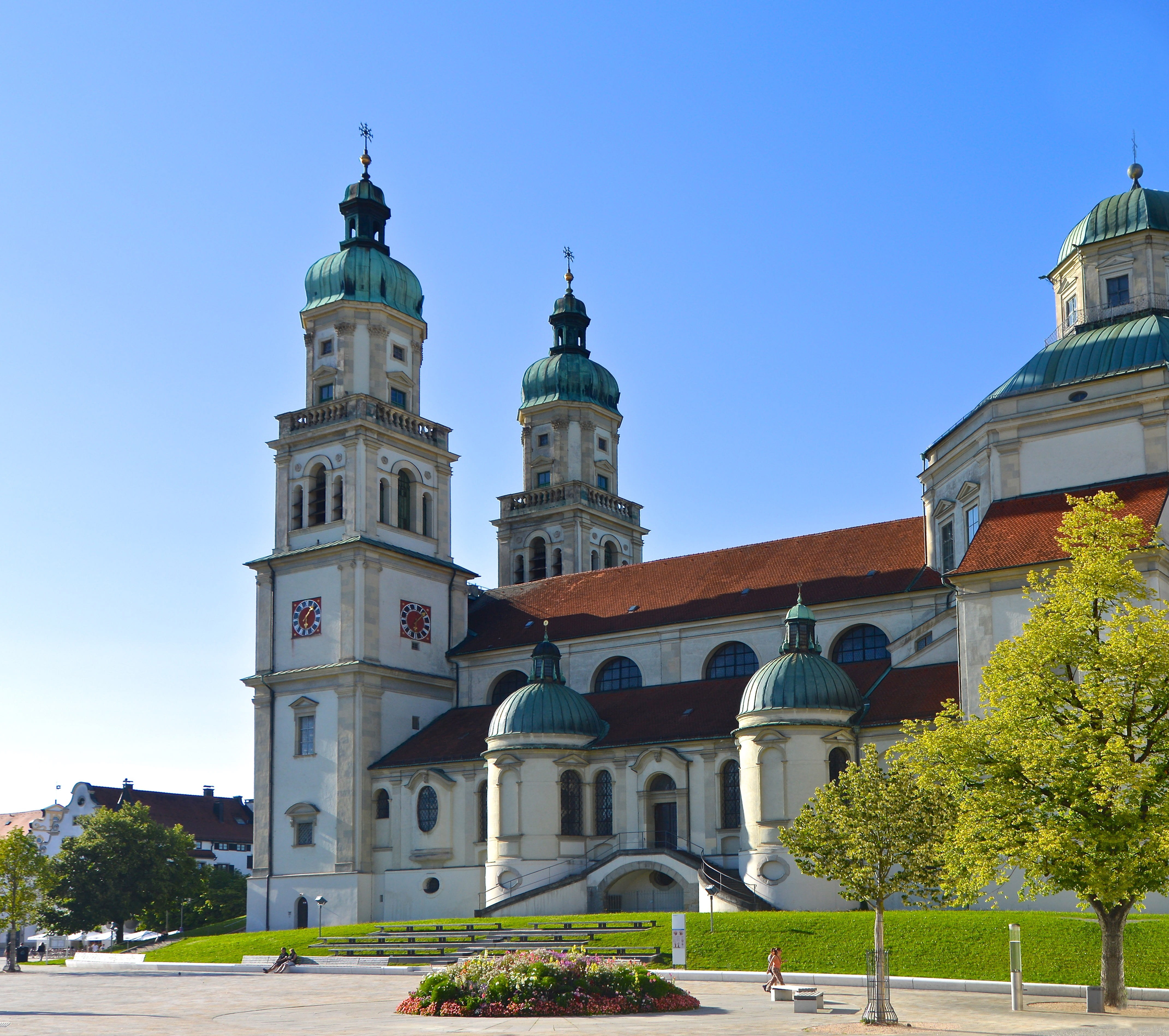 sky, low angle view, concrete, white, kempten, building, tree, kirchplatz, blue, double tower, place of worship, clear sky, basilica, nature, spirituality, HD Wallpaper