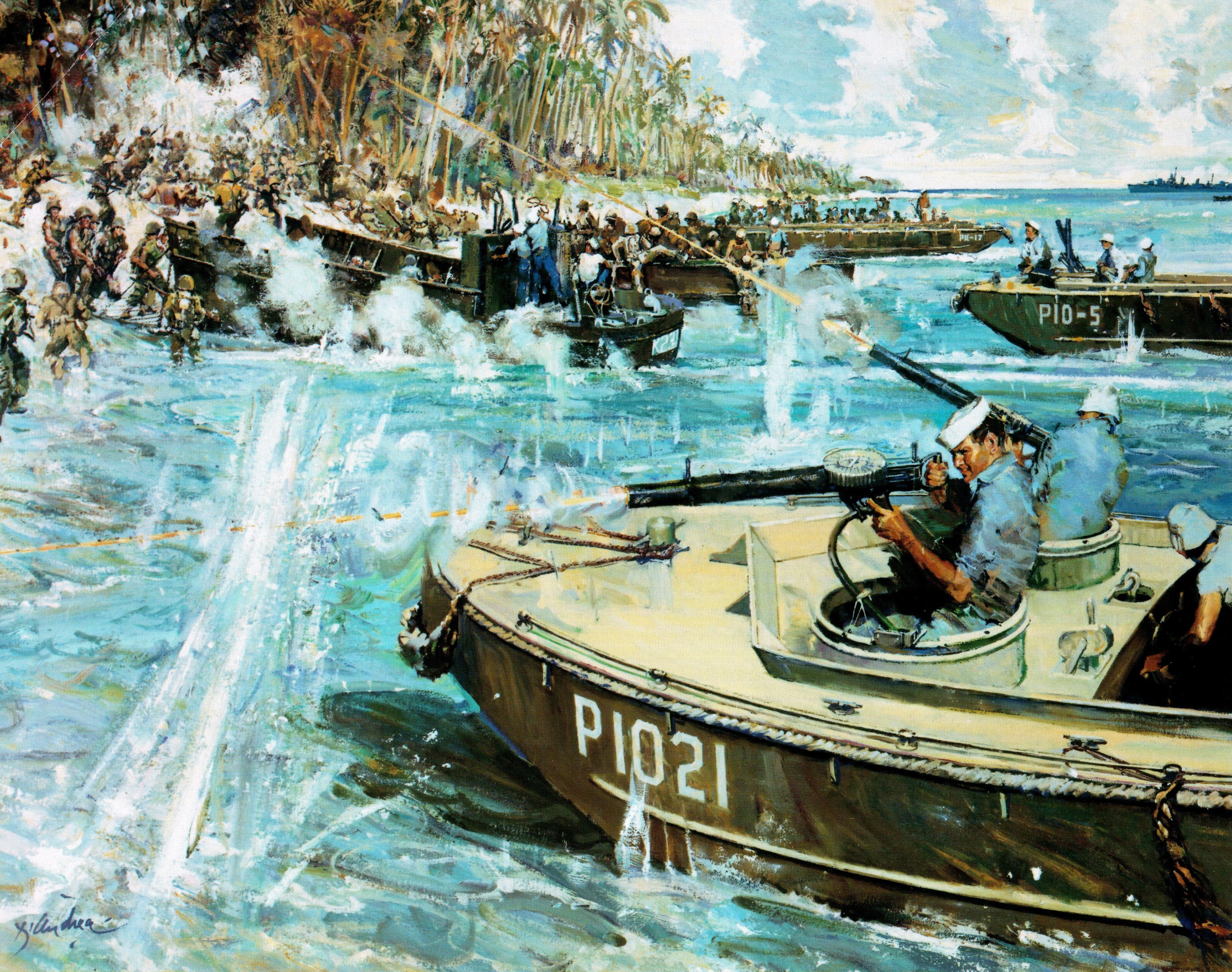 boats, LCP(L), people, with two, 1945, art, figure, shots, WW2, the pontoons, 2K, attack, Marines, 7 mm, LCVP, landing, machine guns, soldiers, fighting, HD Wallpaper