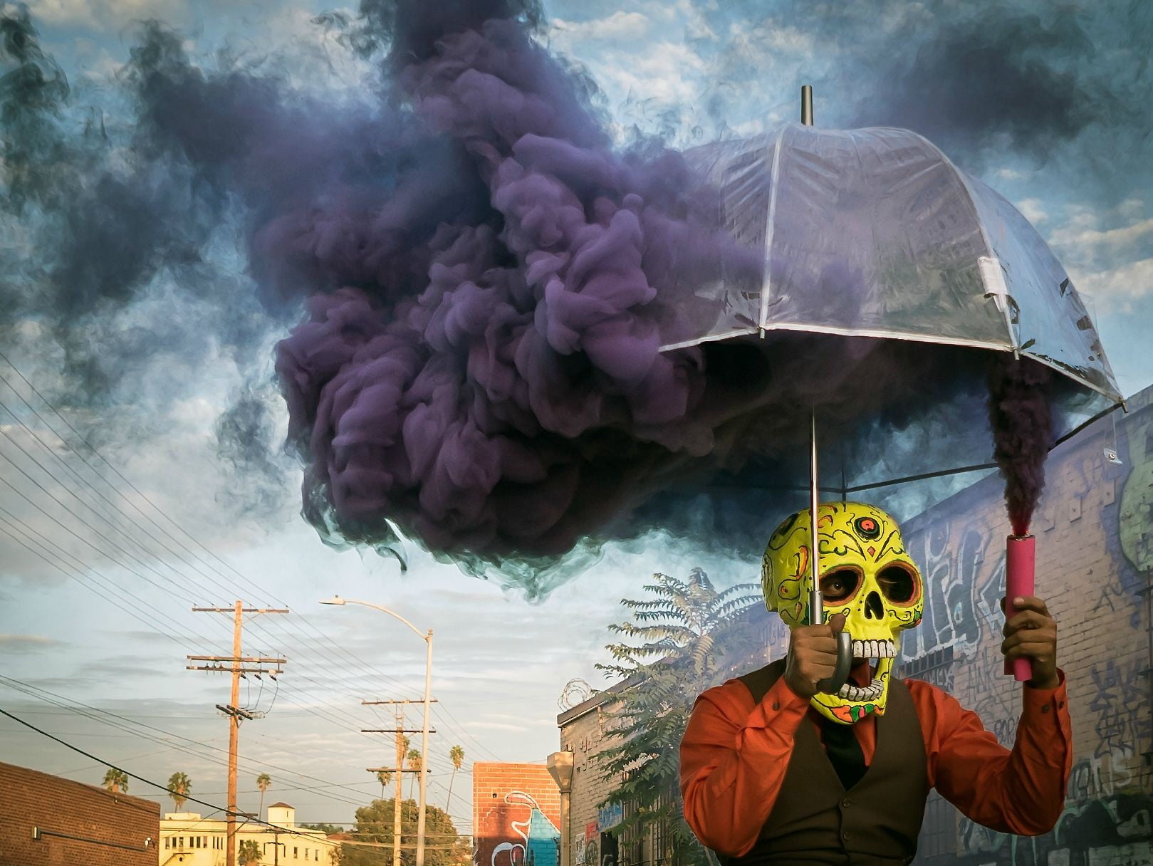 shirt, cloud - sky, built structure, umbrella, gas mask, men, day, architecture, pollution, s, communication, air pollution, digital composite, one person, HD Wallpaper