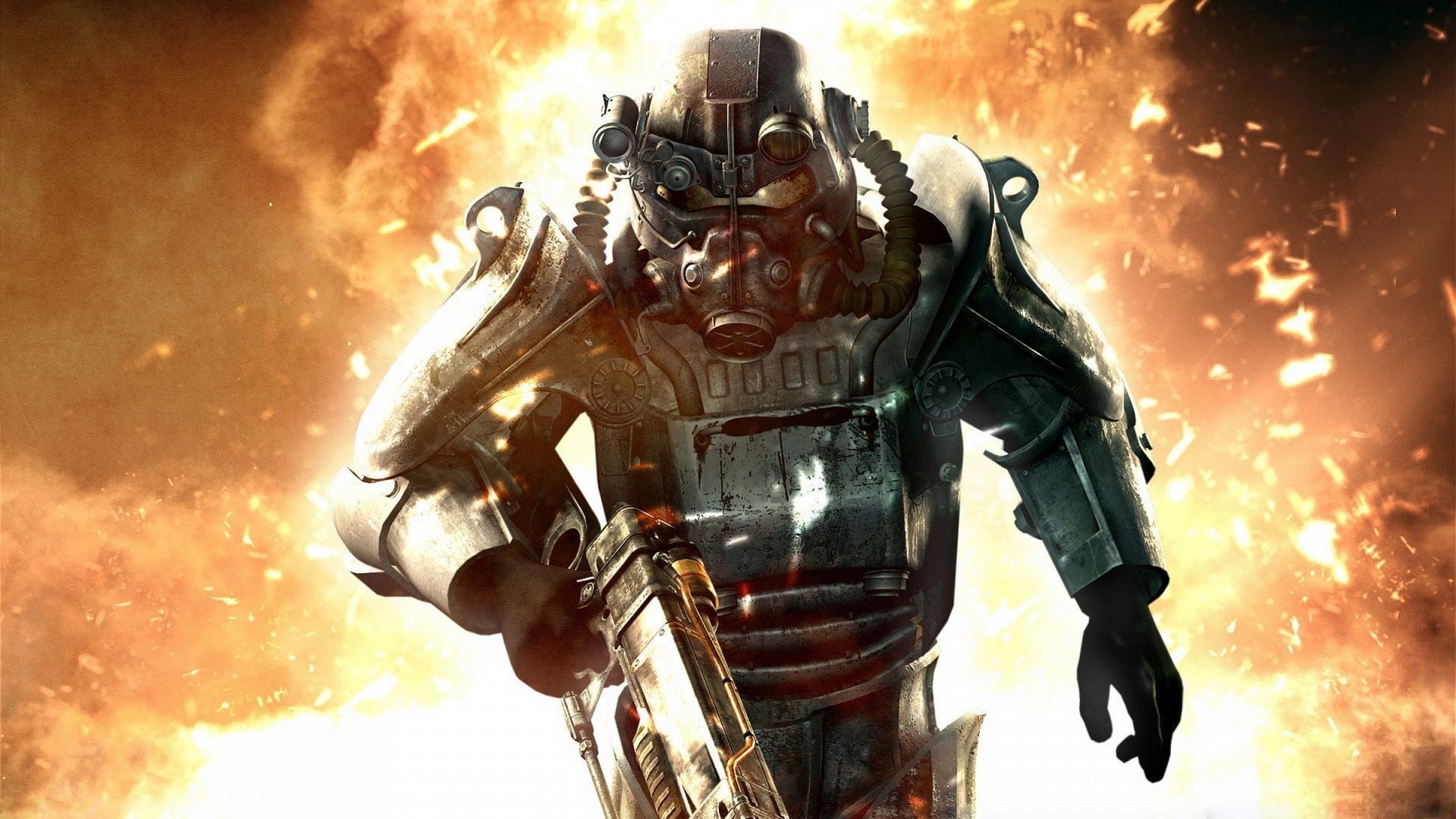 Fallout, outdoors, close-up, power armor, helmet, representation, cloud - sky, communication, aggression, robot, gas mask, low angle view, warning sign, HD Wallpaper
