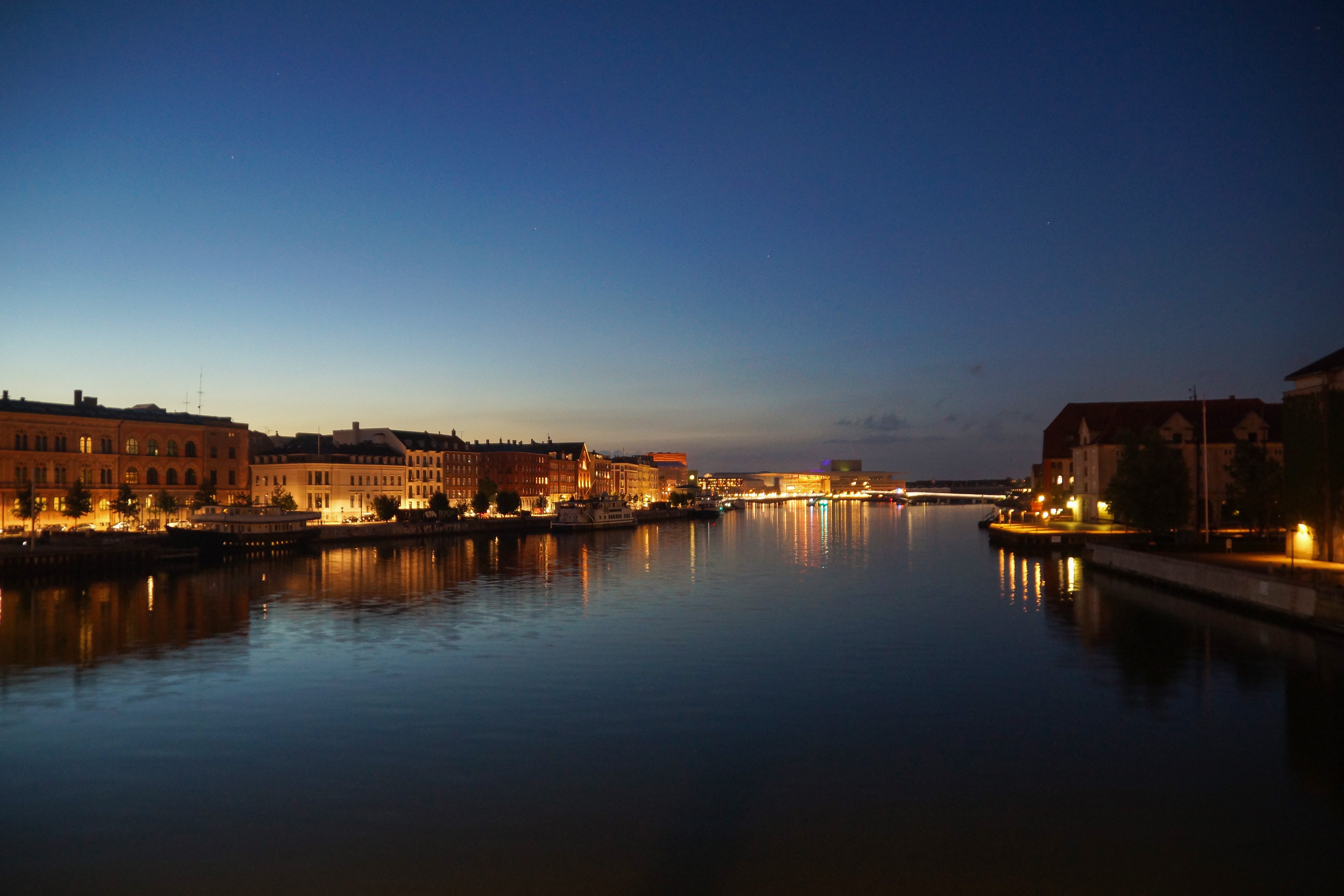canal, night, no people, sunset, danemark, copenhagen, city, europe, nightlife, architecture, built structure, nautical vessel, waterfront, reflection, HD Wallpaper