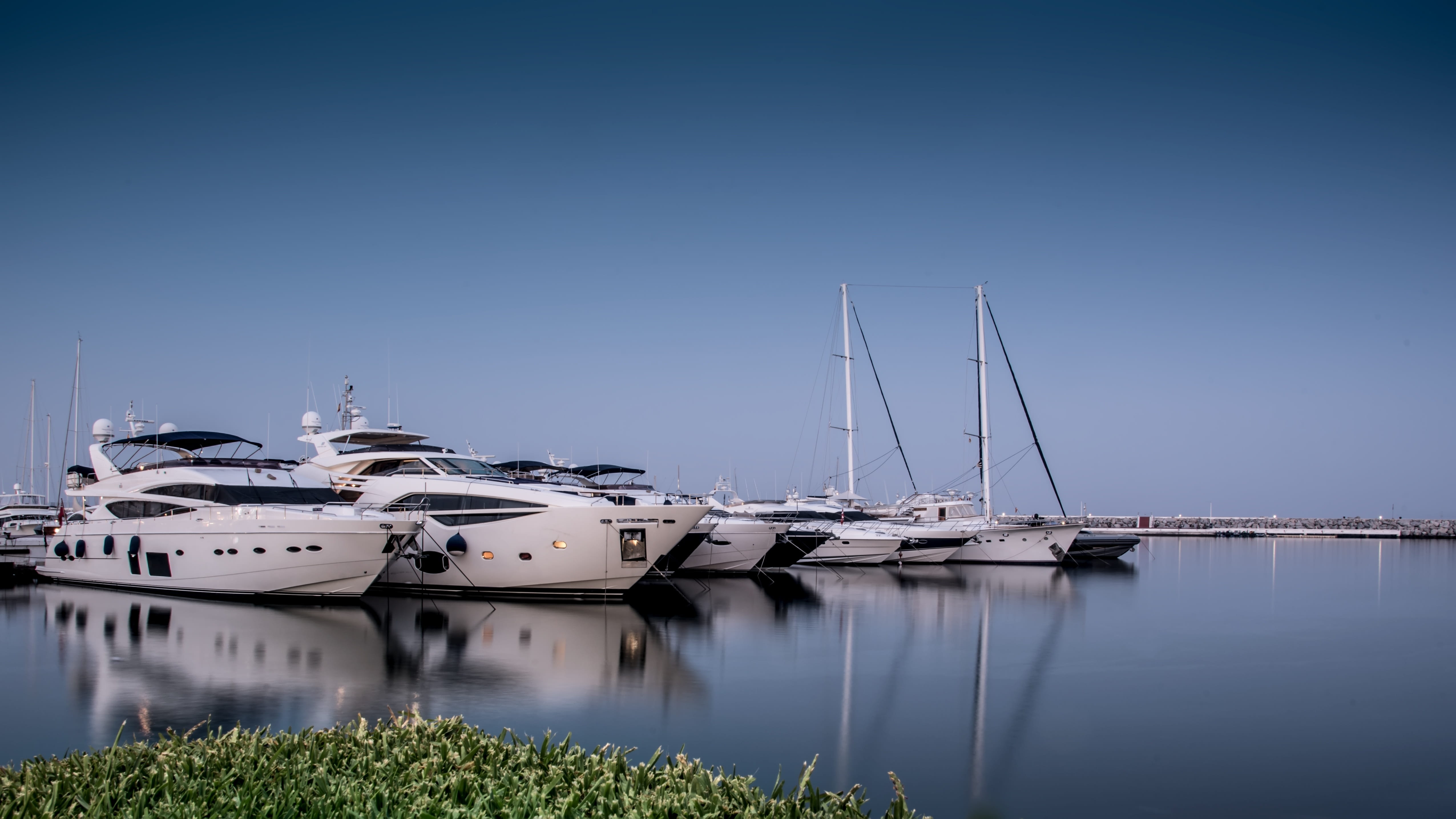 white, luxury, recreational boat, water, sky, transportation, sea, Puerto Banus, conceptual, nature, body, harbor, no people, anchored, long exposition, HD Wallpaper