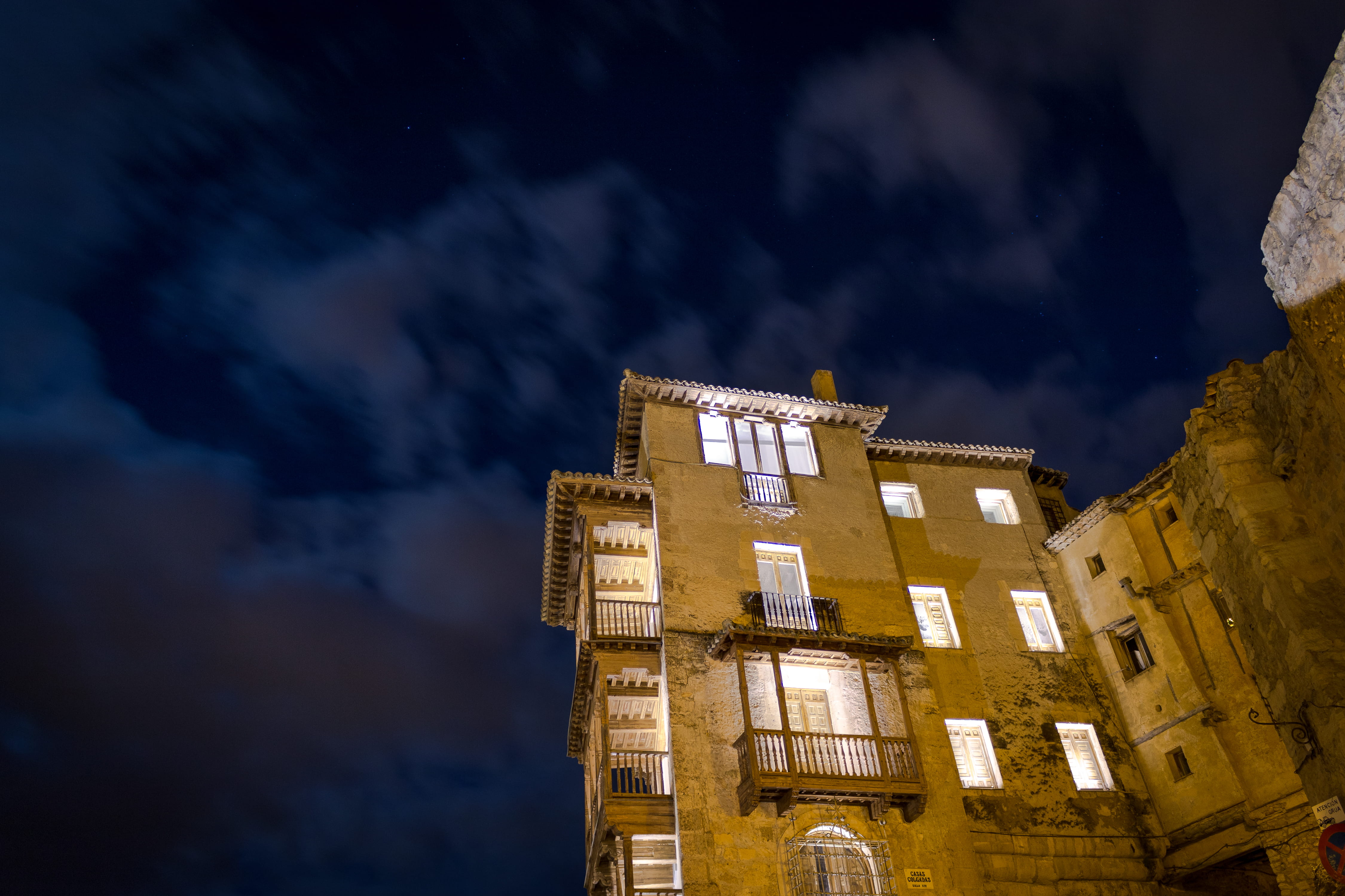 balcony, casas colgadas, illuminated, clock, sky, dsrl, tower, houses, window, low angle view, architecture, lights, nature, city, built structure, building exterior, HD Wallpaper