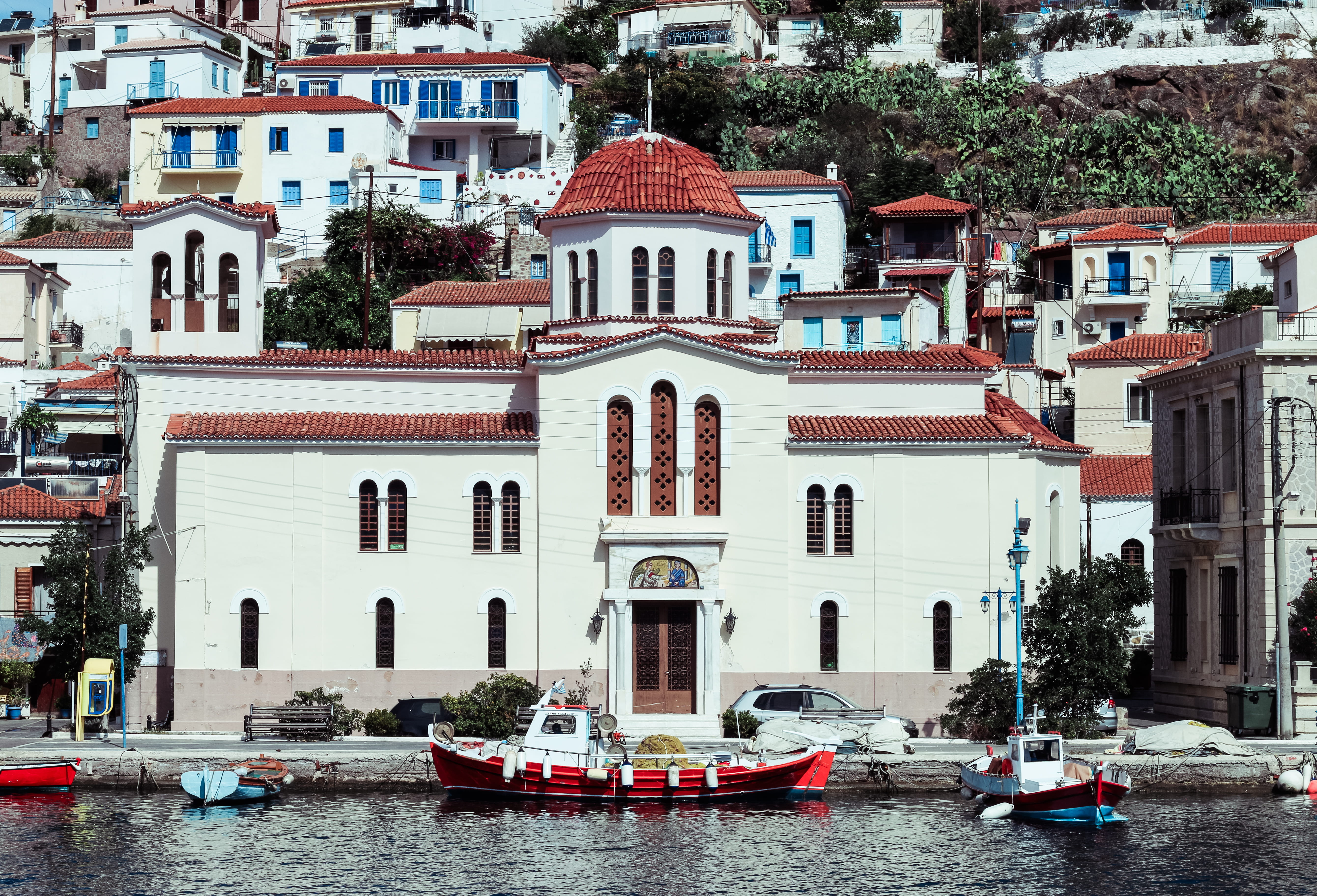 poros, waterfront, porto heli - poros, greek, passenger craft, yatch, river, photography, canon 70d, greece, craft, plant, nautical vessel, architecture, HD Wallpaper
