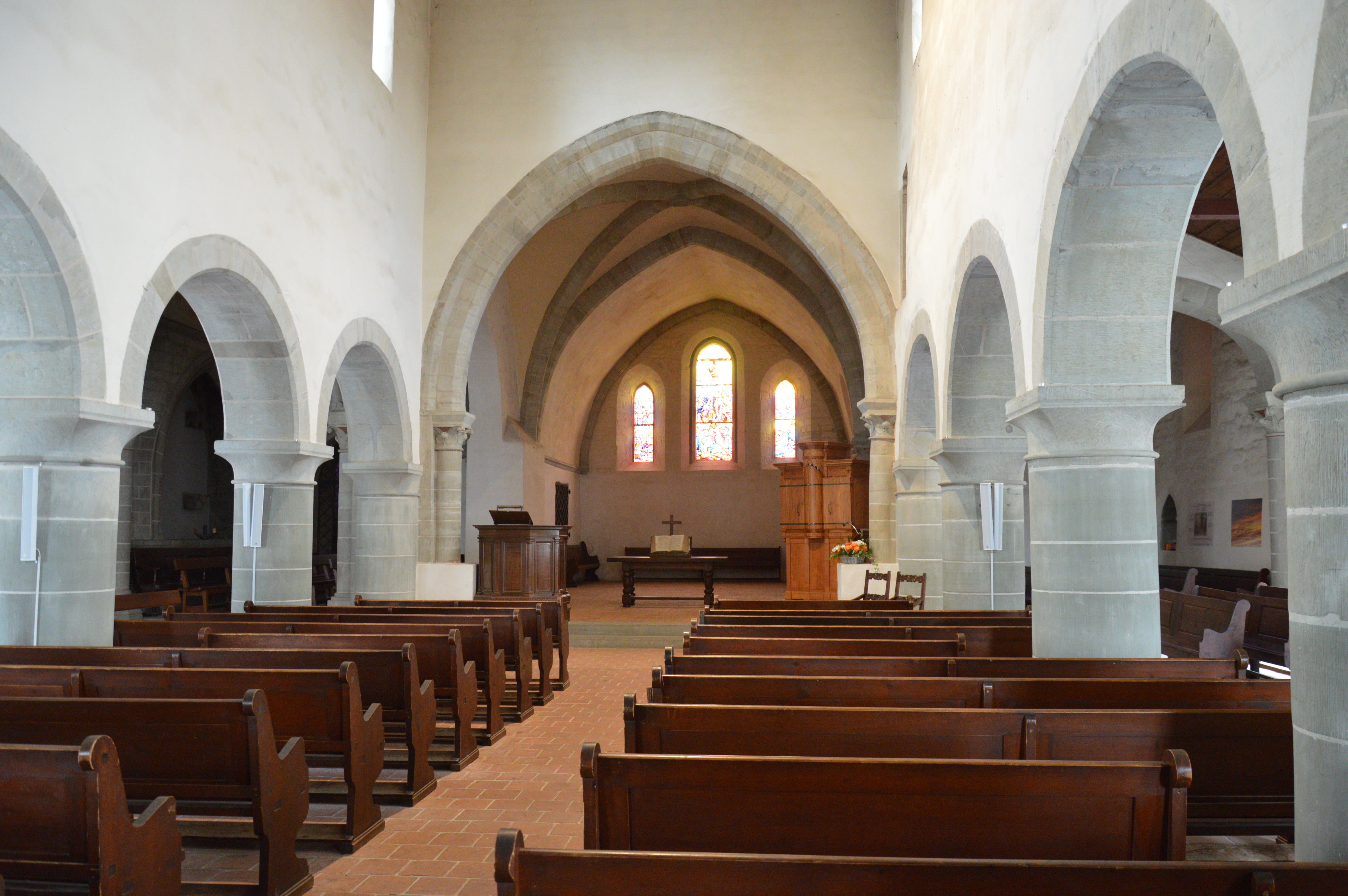 architectural column, pew, place of worship, aisle, rustic, architecture, gothic style, religion, no people, church, benches, seat, vault, 5K, plenty of natural light, HD Wallpaper