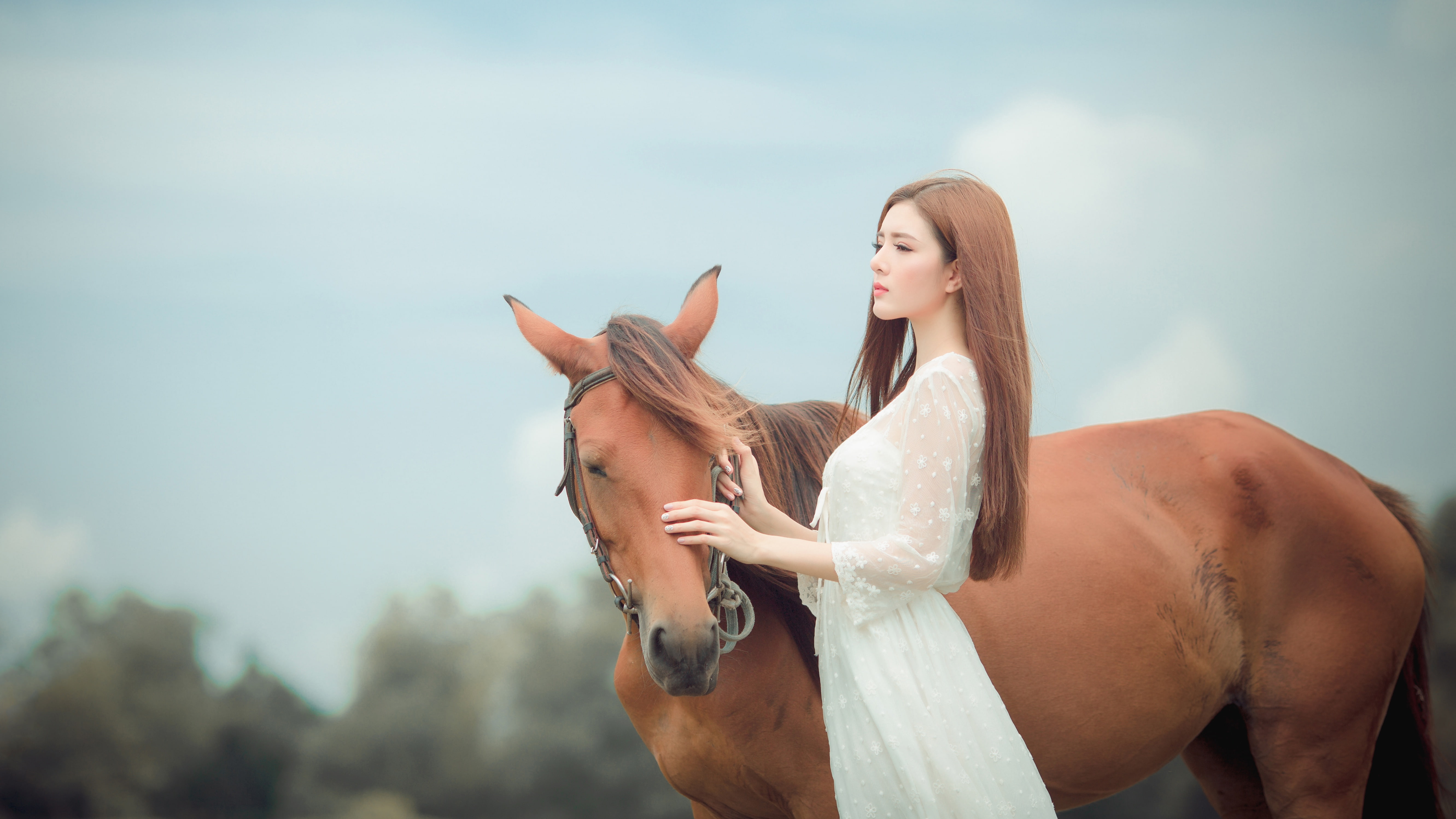 girl, face, 5K, brown hair, nature, white dress, chestnut, graceful, Asian, look, horse, long-haired, mood, peer, the sky, friendship, HD Wallpaper