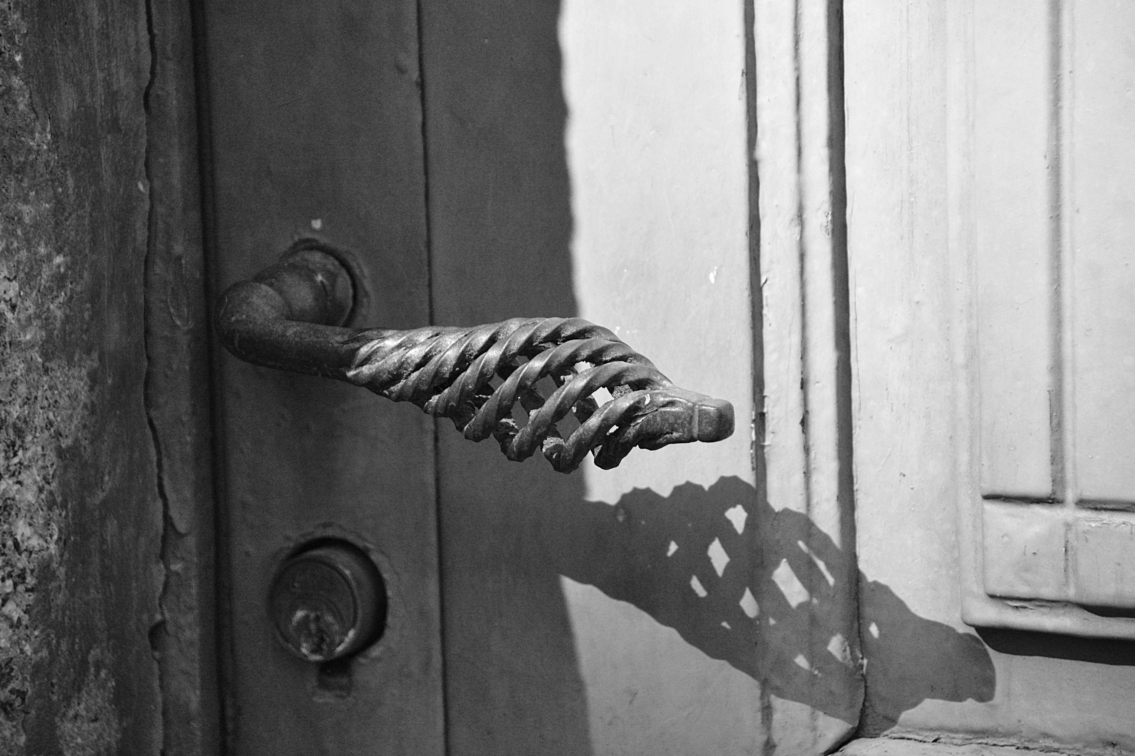 ancienne poigne, pattern, wood - material, noir et blanc, outdoors, safety, 4K, doorknob, protection, entre, sunlight, latch, fer forg, animal, animal representation, HD Wallpaper