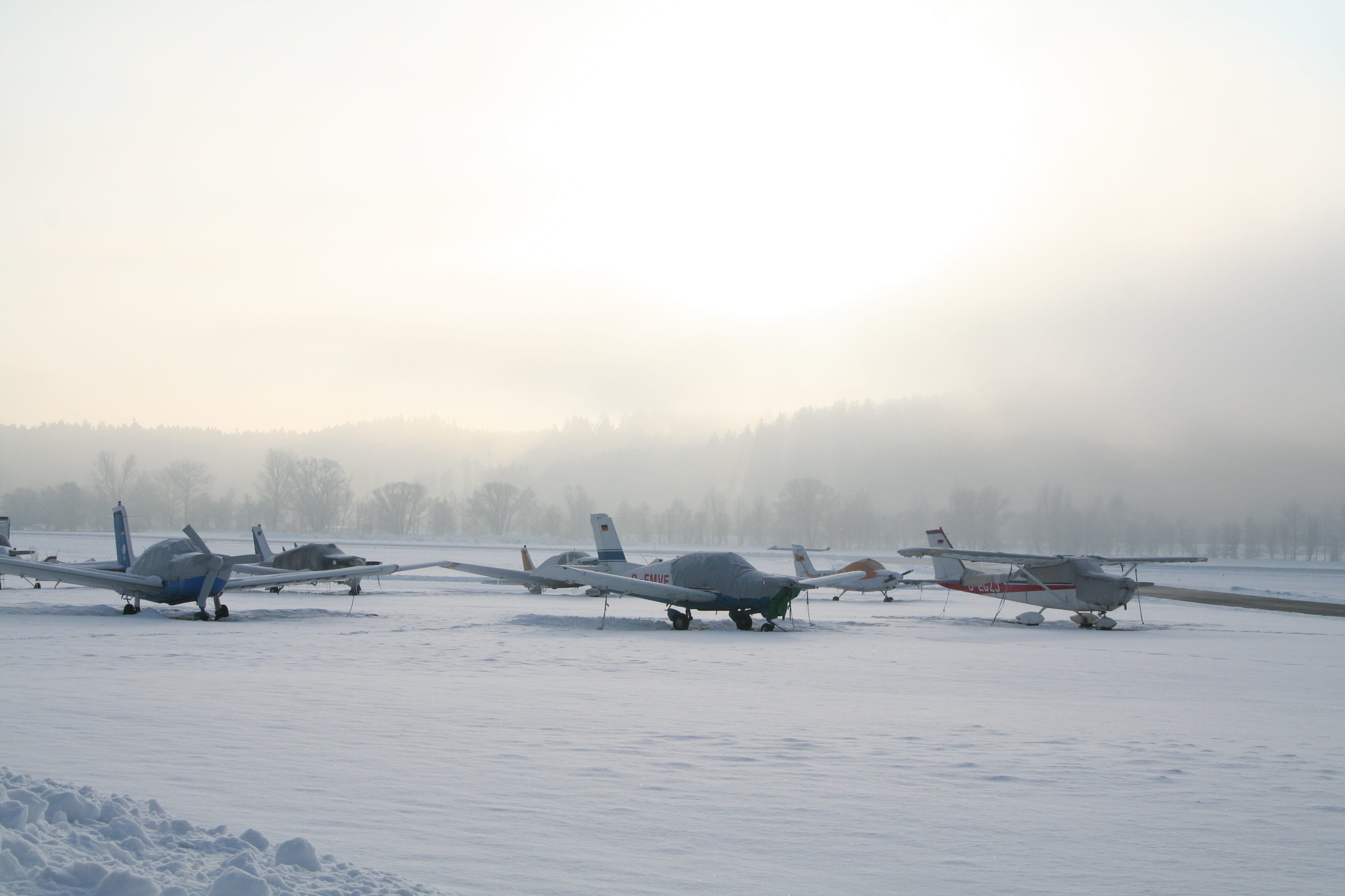 propeller plane, cold temperature, weather, landscape, light aircraft, sky, outdoors, fog, tranquility, Sport, environment, airport, tranquil scene, scenics - nature, HD Wallpaper