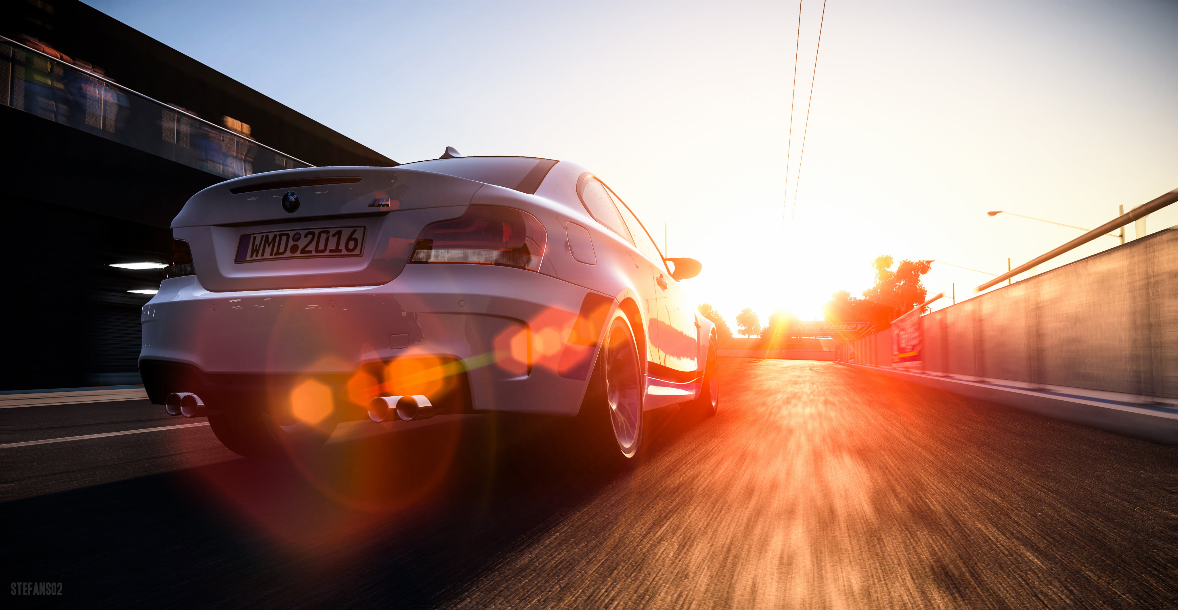 sunlight, bright, bmw 1 series m coupe, architecture, motion, on the move, sunset, motor vehicle, mode of transportation, road, car, blurred motion, sun, HD Wallpaper