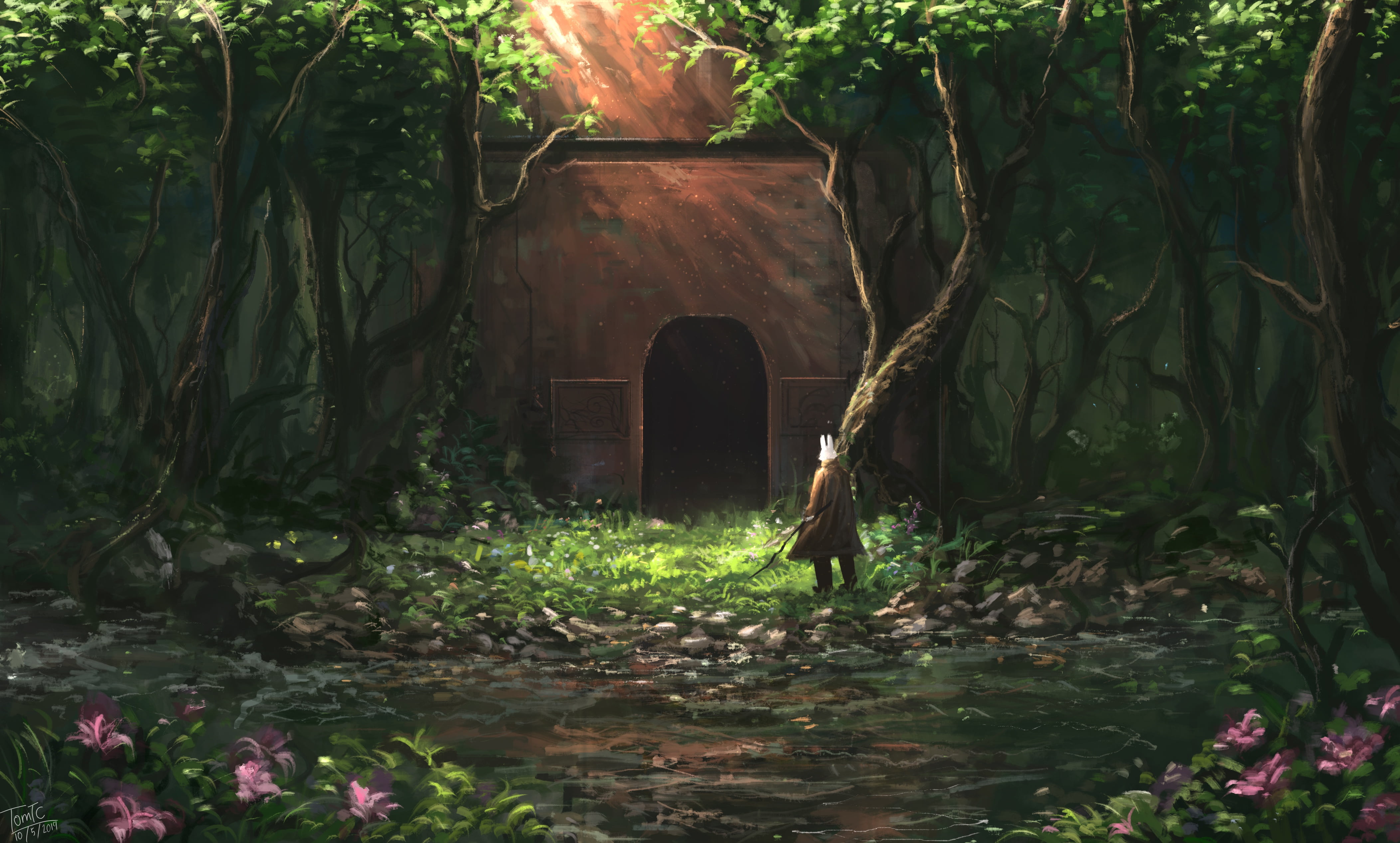 artist, forest, grass, man, trees, 4K, fantasy art, stream, artwork, fantasy, Tommy Chandra, digital art, flowers, tunnel, rabbit ears, HD Wallpaper