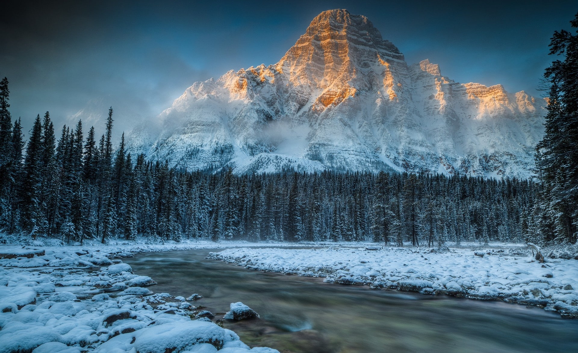 forest, mountain, cold temperature, snow, tree, water, flowing water, tranquil scene, Mountains, land, chephren, power in nature, non-urban scene, 1080P, HD Wallpaper
