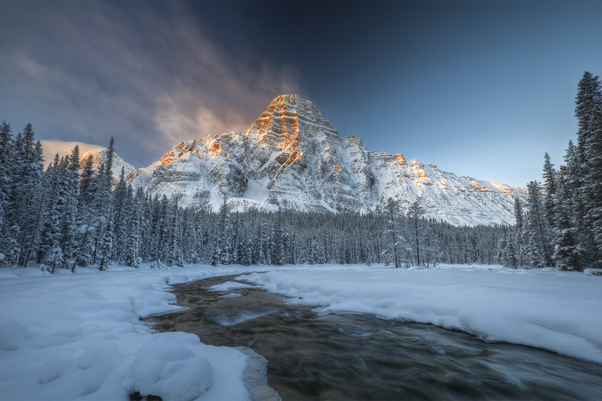 Canada, winter, forest, 1080P, snow, river, Banff national Park, Albert, Mount Chephren, HD Wallpaper