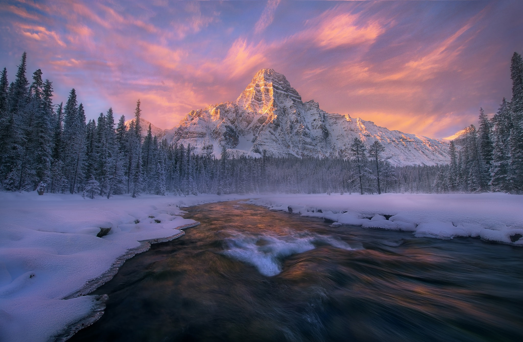 Albert, Canada, stream, snow, forest, Banff national Park, Mount Chephren, 1080P, winter, river, HD Wallpaper