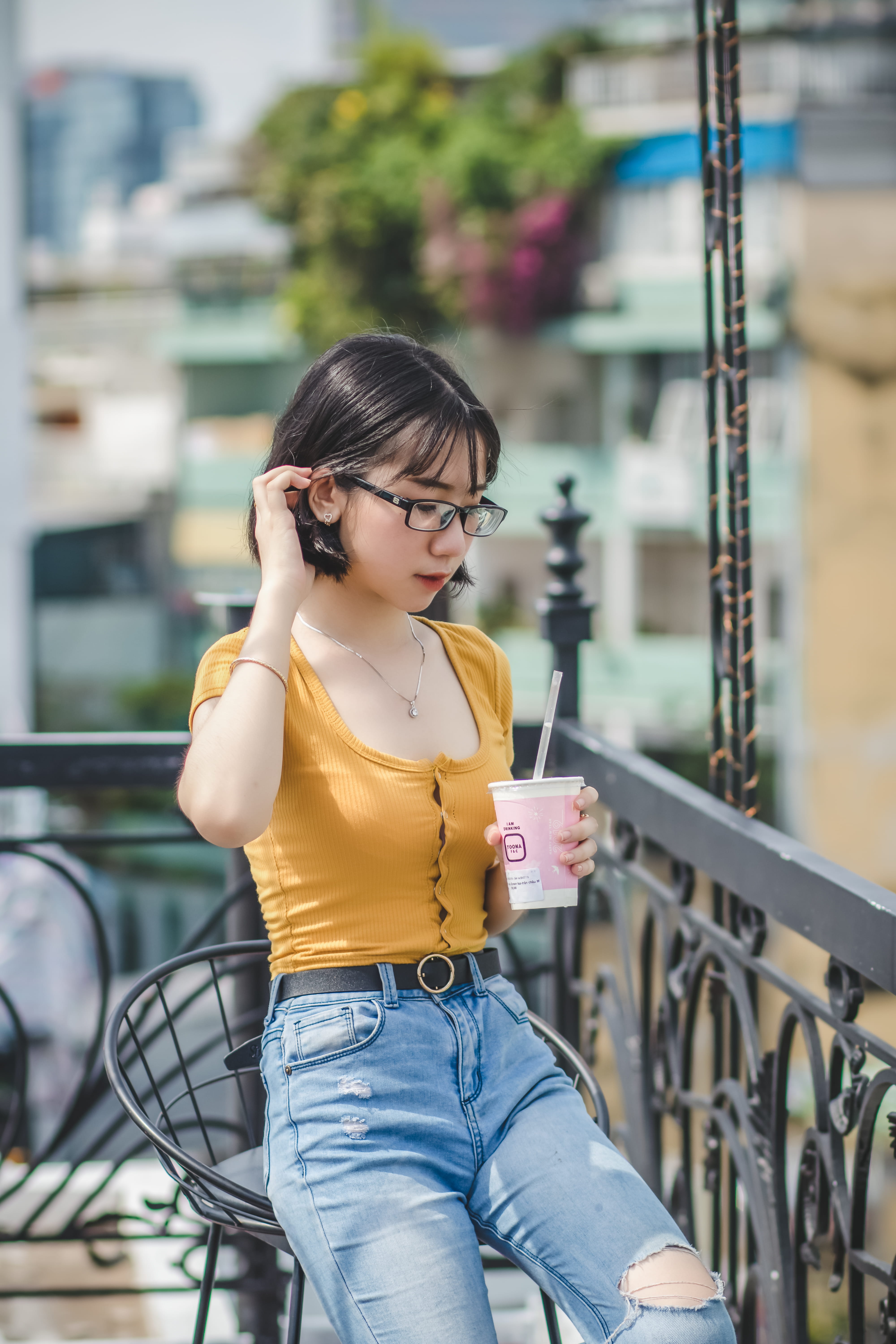 lady, casual, eyewear, one person, photoshoot, youth, lips, lifestyles, architecture, chair, skin, disposable, casual clothing, 5K, young women, wear, Phone HD Wallpaper