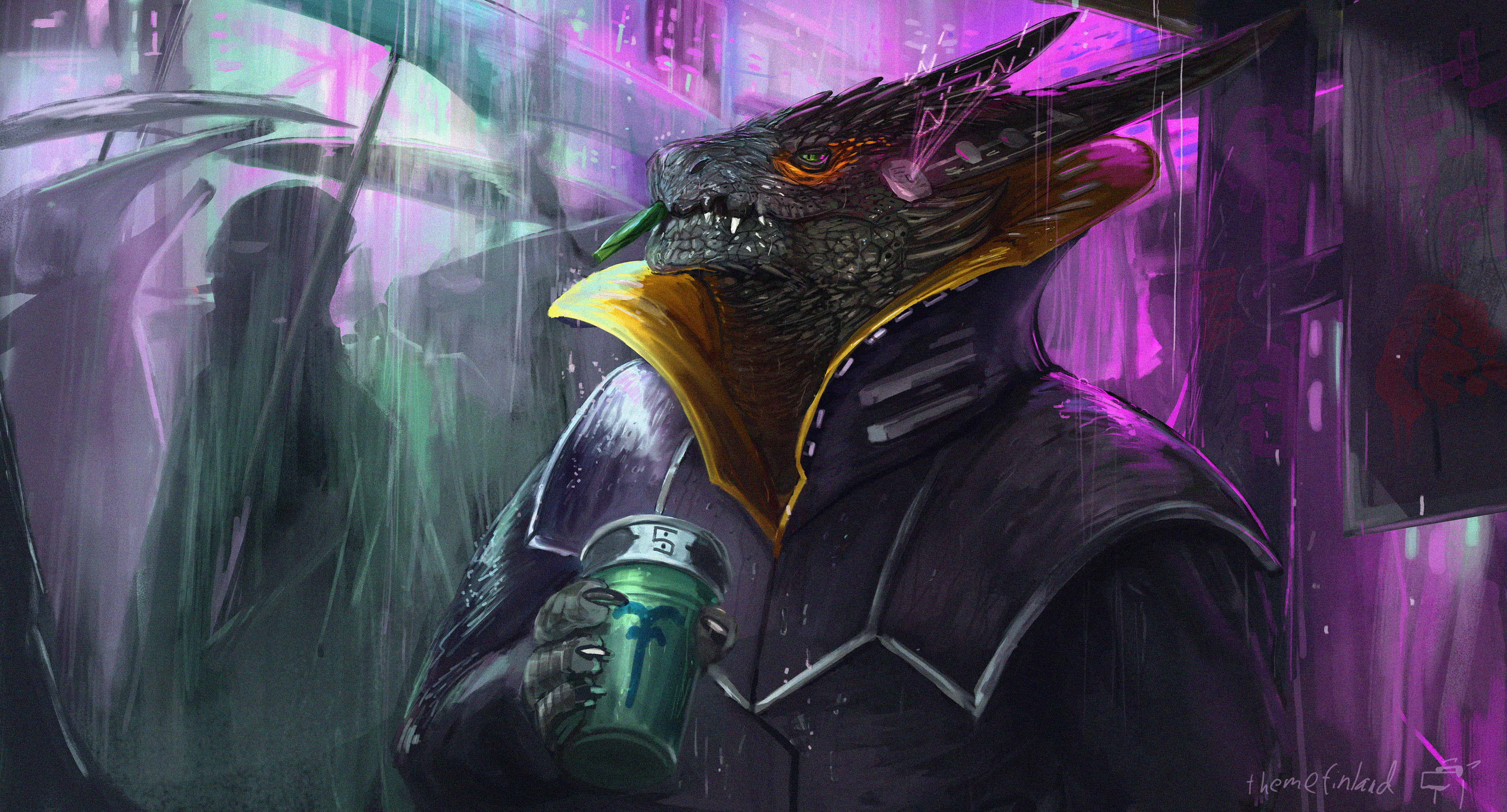 smoking, rain, painting, horns, lights, illustration, neon, digital, fictional, city lights, cigars, people, drawing, neon lights, fictional character, HD Wallpaper