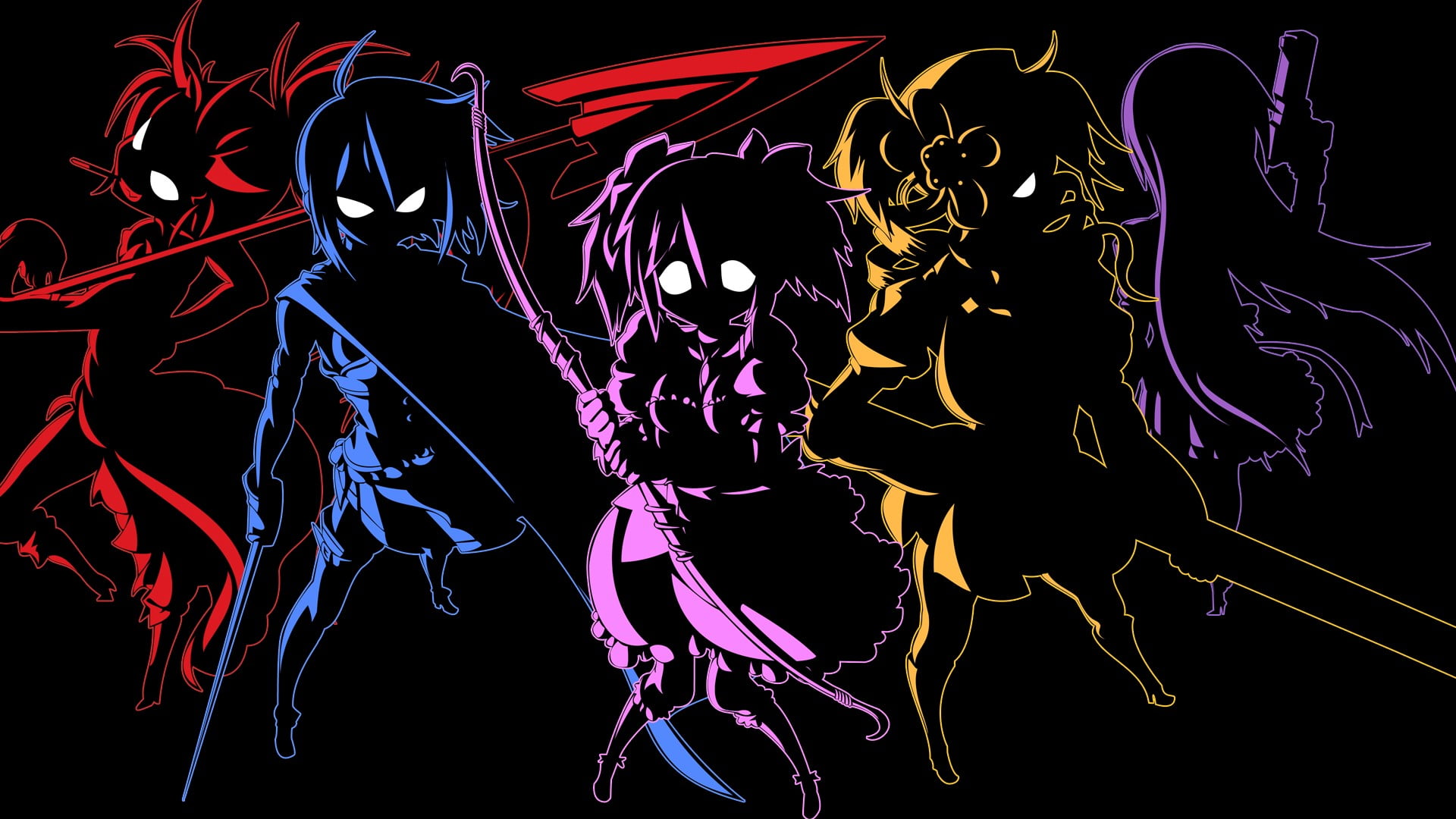 neon, 1080P, Mahou Shoujo Madoka Magica, purple, black background, human representation, multi colored, abstract, complexity, creativity, illuminated, HD Wallpaper