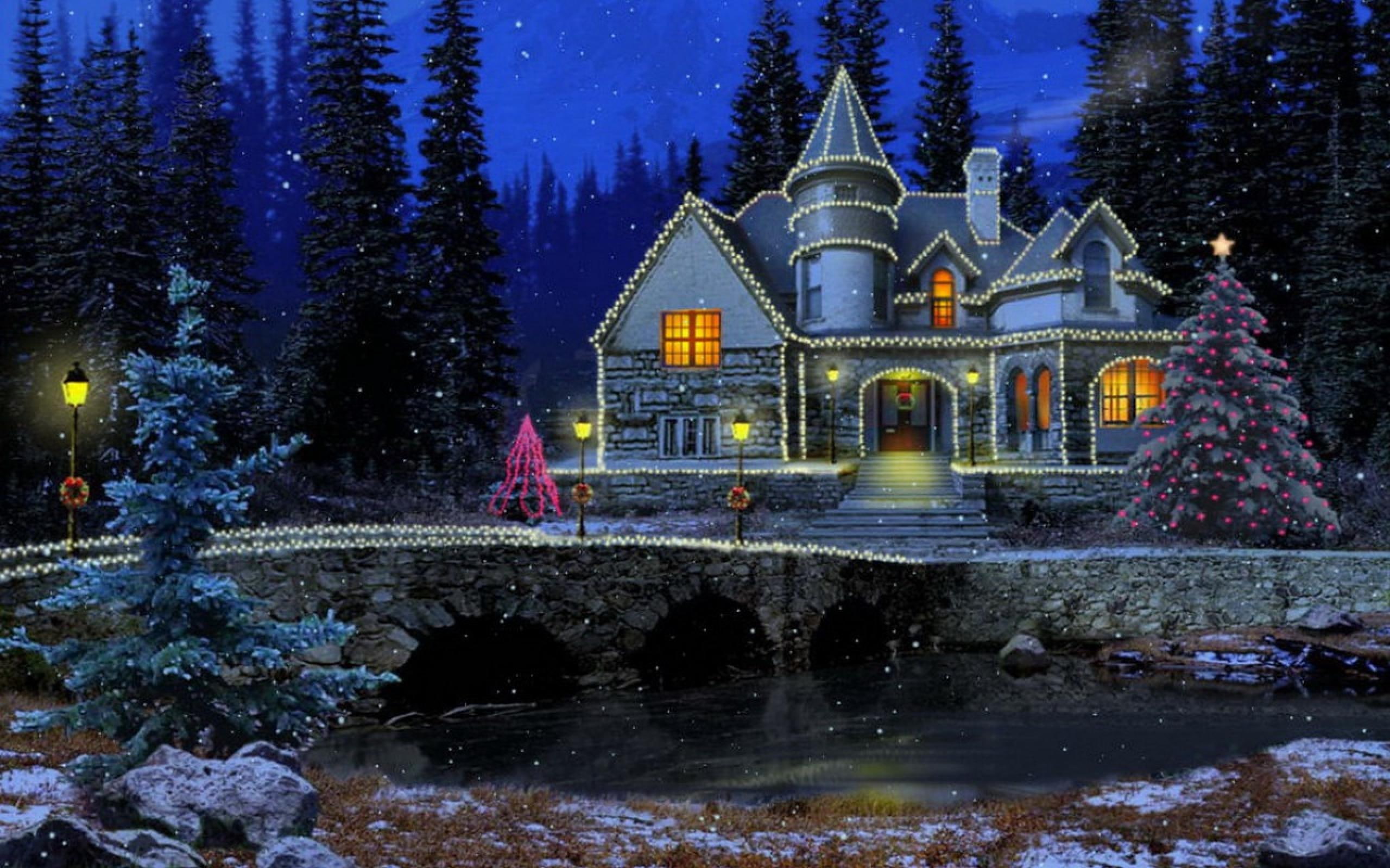 peaceful, holidays, artistic, lovely, 2K, night, trees, canal, happy, seasons, winter, festive winter nights, festive, beautiful, HD Wallpaper