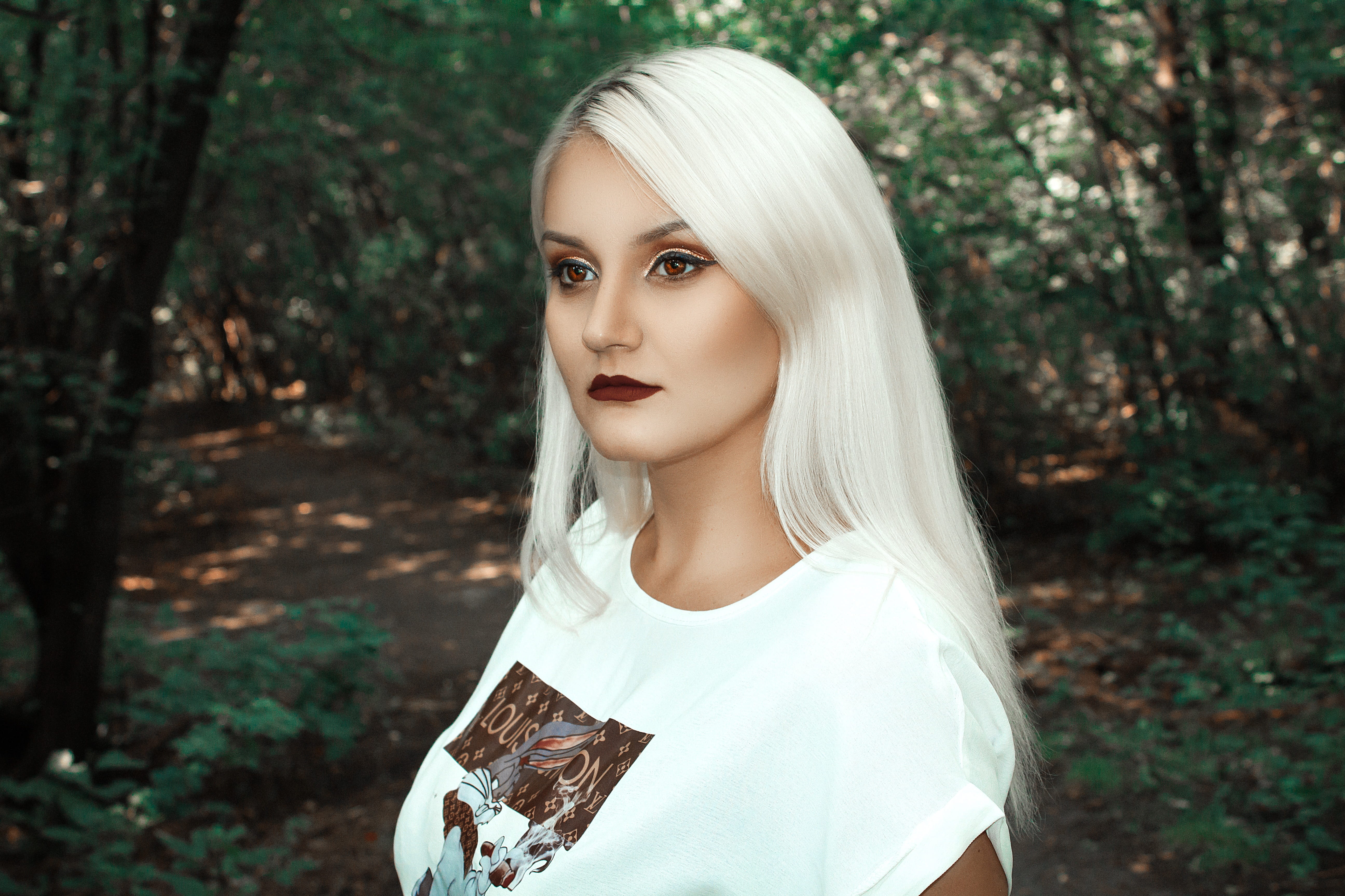 tree, woman, person, one person, fashion, hair, human face, photo, summer, portrait, make-up, young adult, forest, style, young women, 5K, blonde, adult, HD Wallpaper