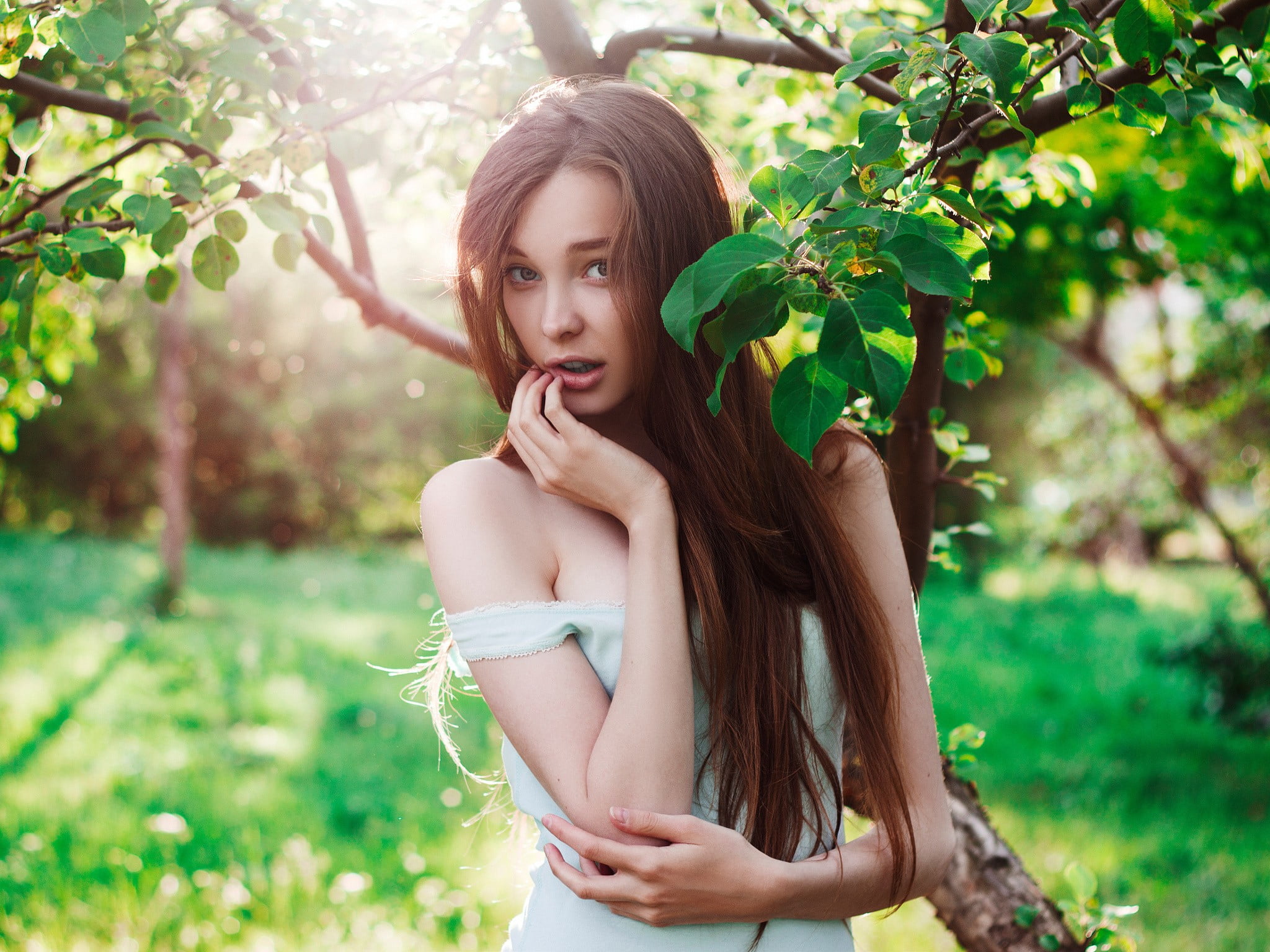 beautiful woman, Christina Vostruhina, long hair, women, one person, nature, hair, portrait, brown hair, leisure activity, young adult, waist up, tree, HD Wallpaper