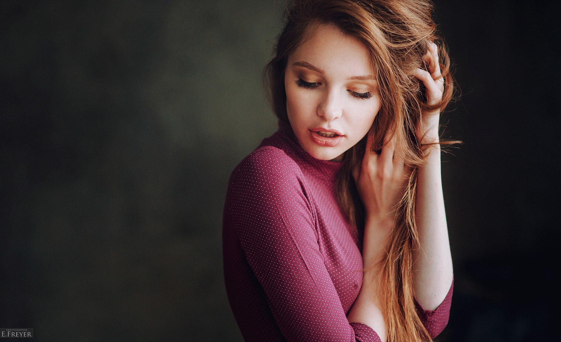 brown hair, Christina Vostruhina, violet, long-haired, studio, 1080P, face, lips, beauty, sweetheart, feeling, model, girl, Evgeniy Freyer, sweatshirt, HD Wallpaper