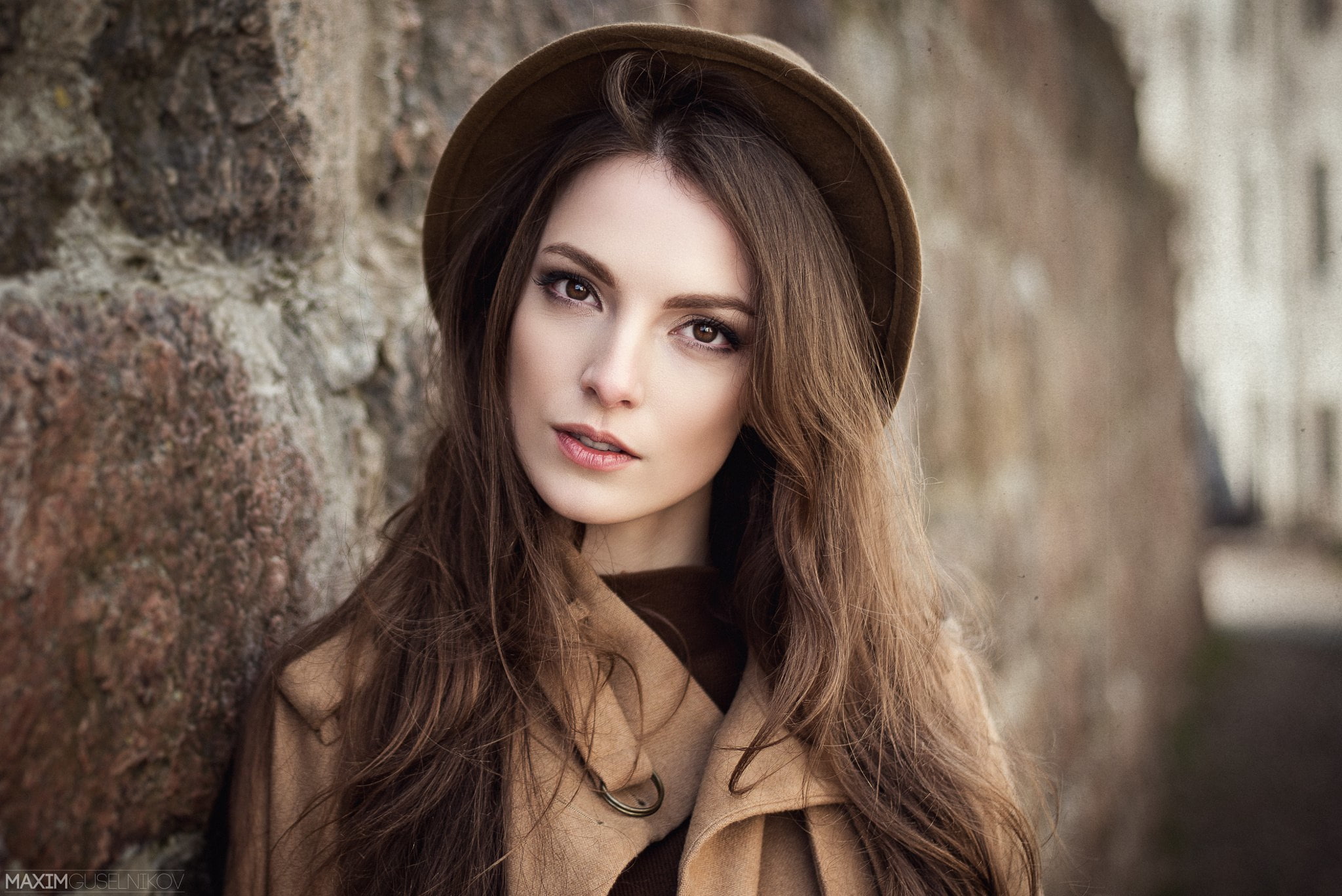 brown-eyed, bokeh, sweetheart, portrait, coat, Karina, beautiful, the beauty, wall, hat, brown hair, long-haired, 1080P, look, vintage, Karina Sunceva, HD Wallpaper