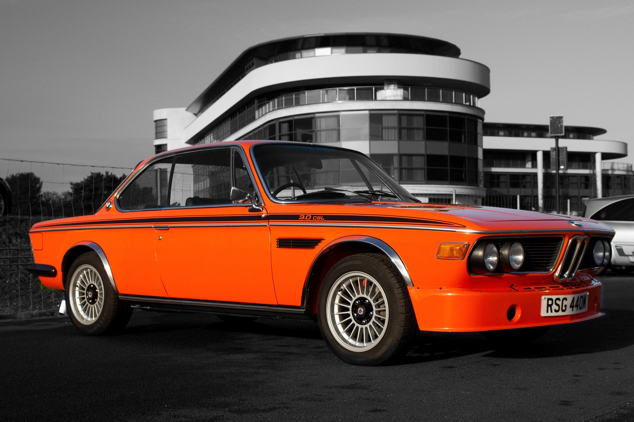 nature, architecture, modern, mode of transportation, no people, street, 2K, BMW E9 CSL, land vehicle, silver colored, day, city, car, travel, sky, transportation, HD Wallpaper