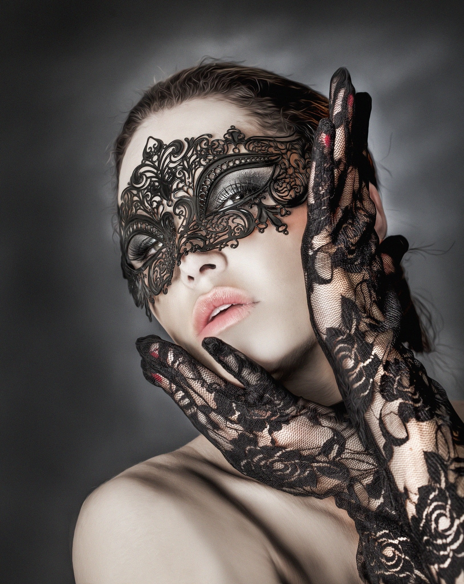 1080P, face, Joachim Bergauer, mask, women, 500px, makeup, gloves, model, Phone HD Wallpaper