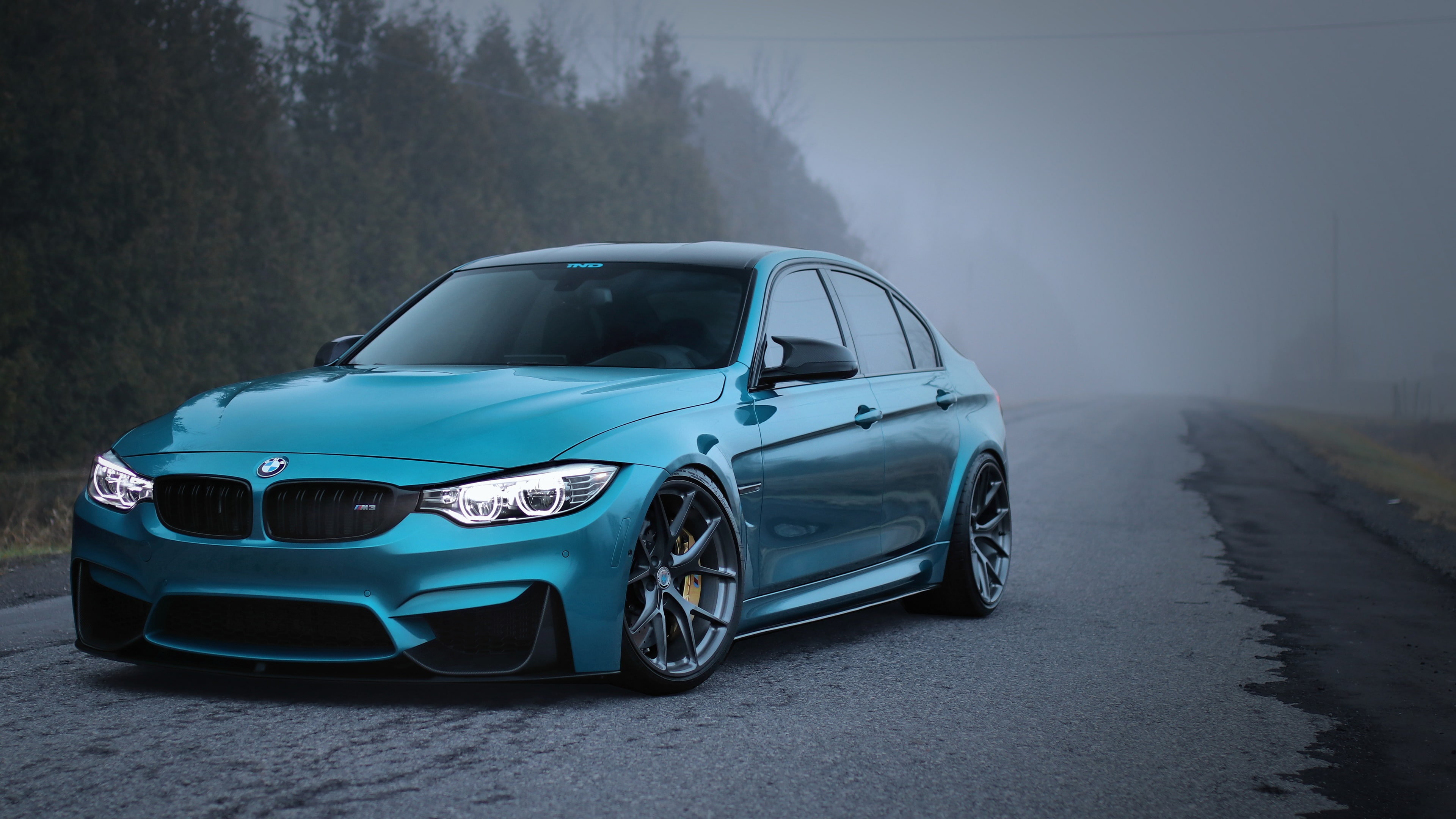 road, executive car, bmw, foggy, blue car, 4K, HD Wallpaper