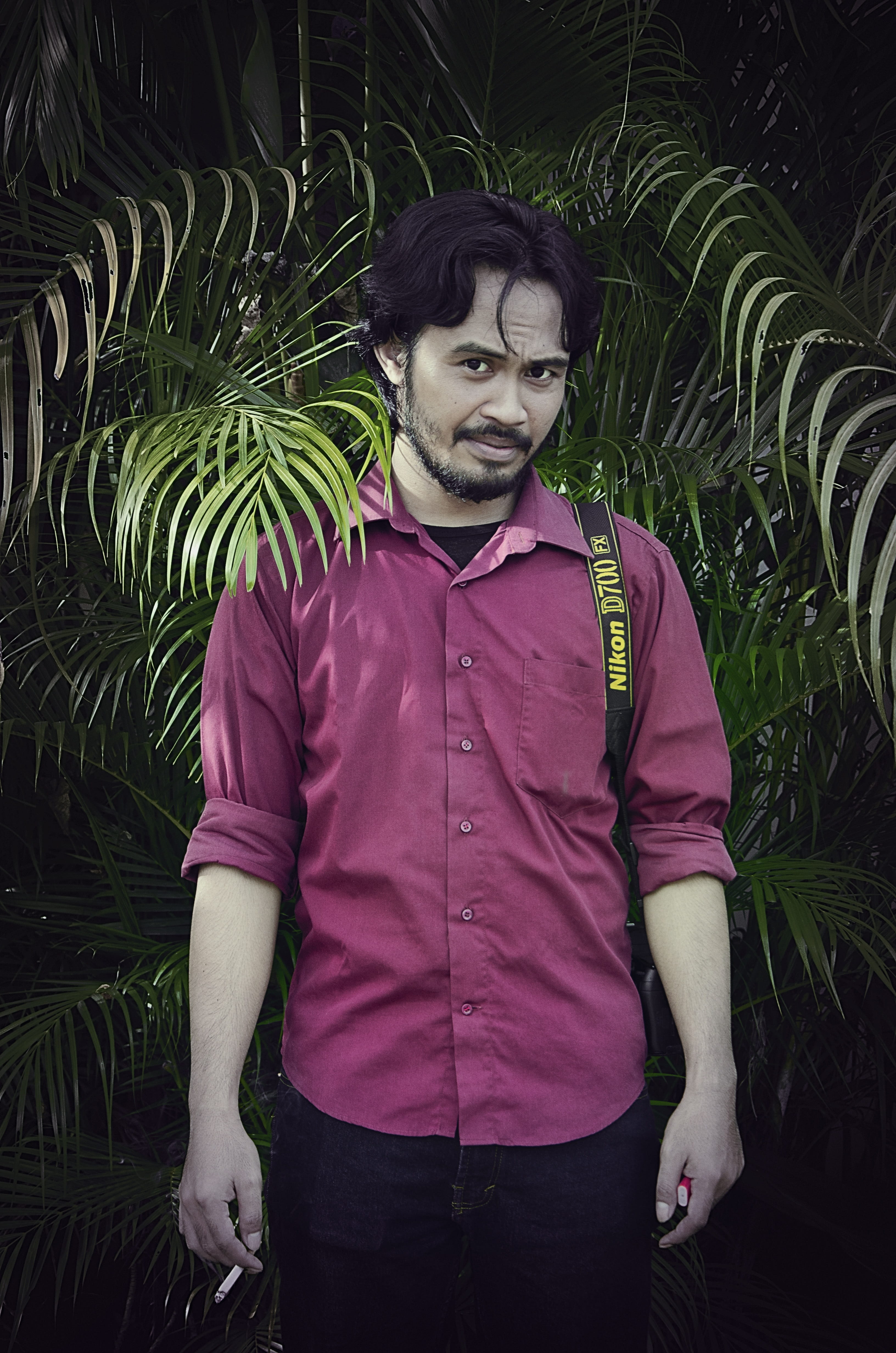 guy, leisure activity, casual clothing, nature, purple, portrait, smoke, 4K, standing, fern, rubiyanto, young men, land, real people, palm, lifestyles, Phone HD Wallpaper