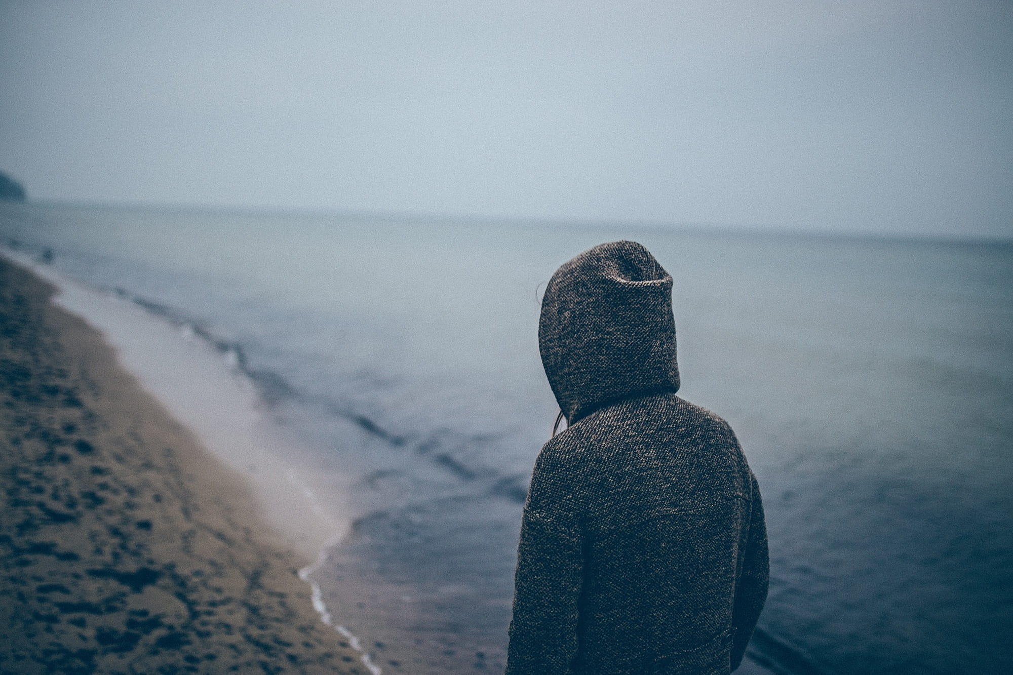 dull, walking, beach, 1080P, human, contemplation, standing, grey, sea, land, sky, person, atmosphere, tranquil scene, rear view, scenics - nature, shore, HD Wallpaper