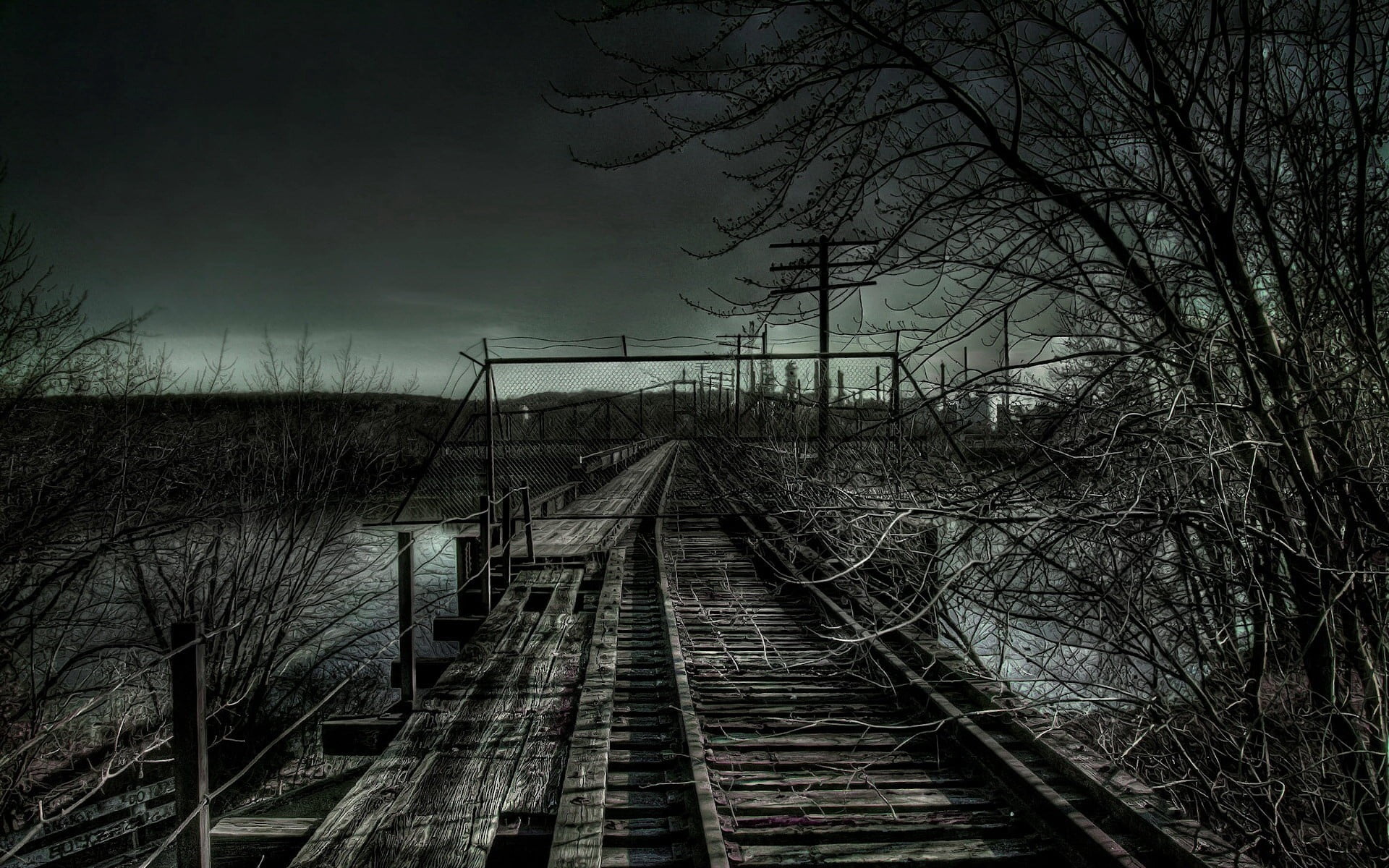 sky, transportation, footpath, direction, spooky, river, railroad Track, forest, bushes, track, connection, bridge - Man Made Structure, architecture, landscape, HD Wallpaper